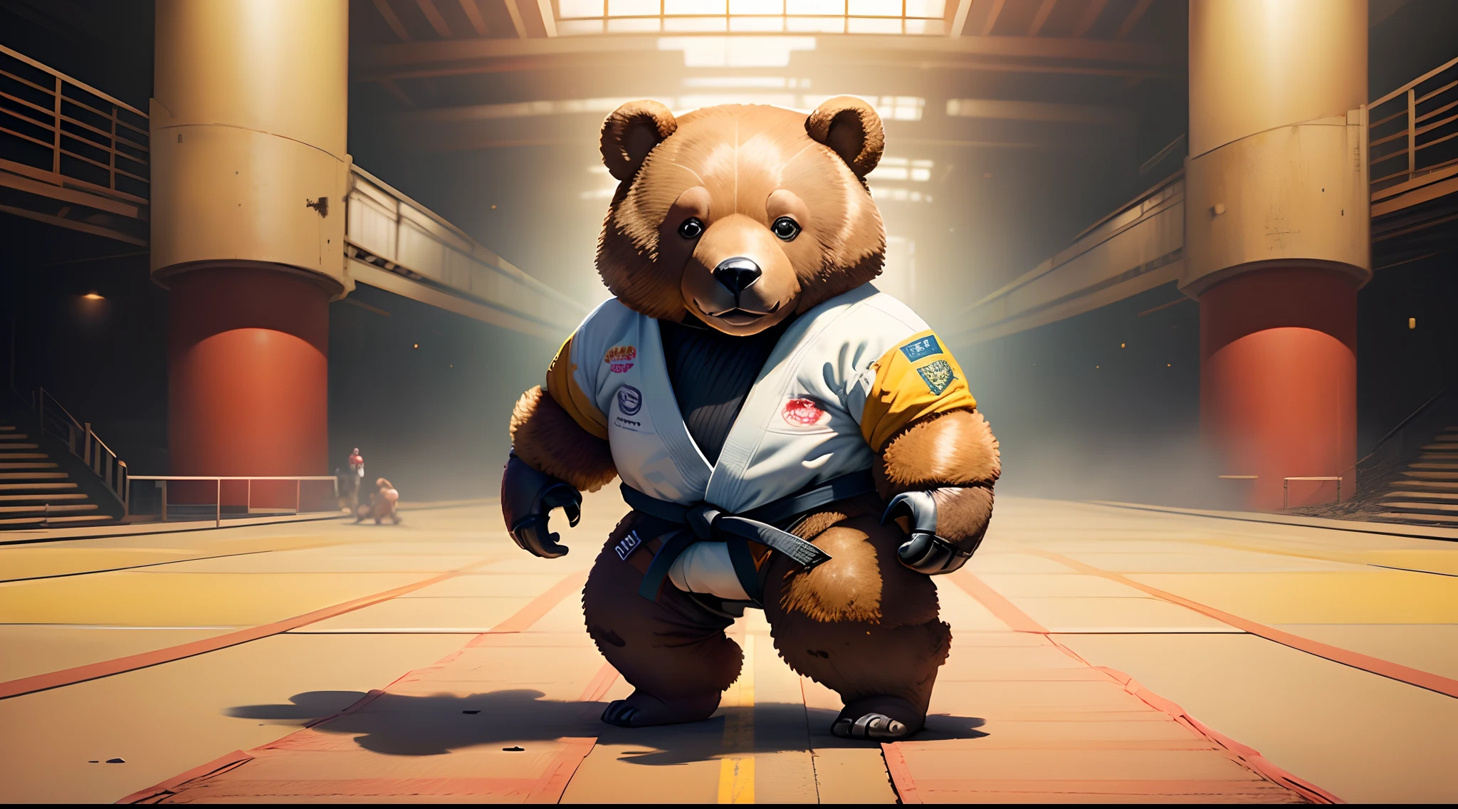 Lutador urso pardo em quimono de judo, em postura de luta, Na estrada, to stand, urso pardo, humanoid body