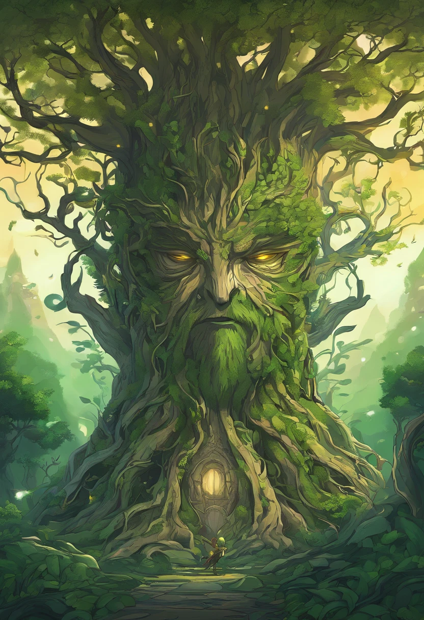 1 Dryad，Cartoon tree close-up，There is a face on it, treant, but rather a, ent treant dryad, the trees are angry, Evil Tree Elves, Groot, character art of maple story,leafy branches，Lots of branches， oak tree ent, plant monster, tree druid, of the tree, treebeard, entity, Jane wood art style, plant monster, Mobile game art(Masterpiece, Best quality, Ultra-detailed, Best Illustration:1.2),(refractions,Reflection:1.2) ,