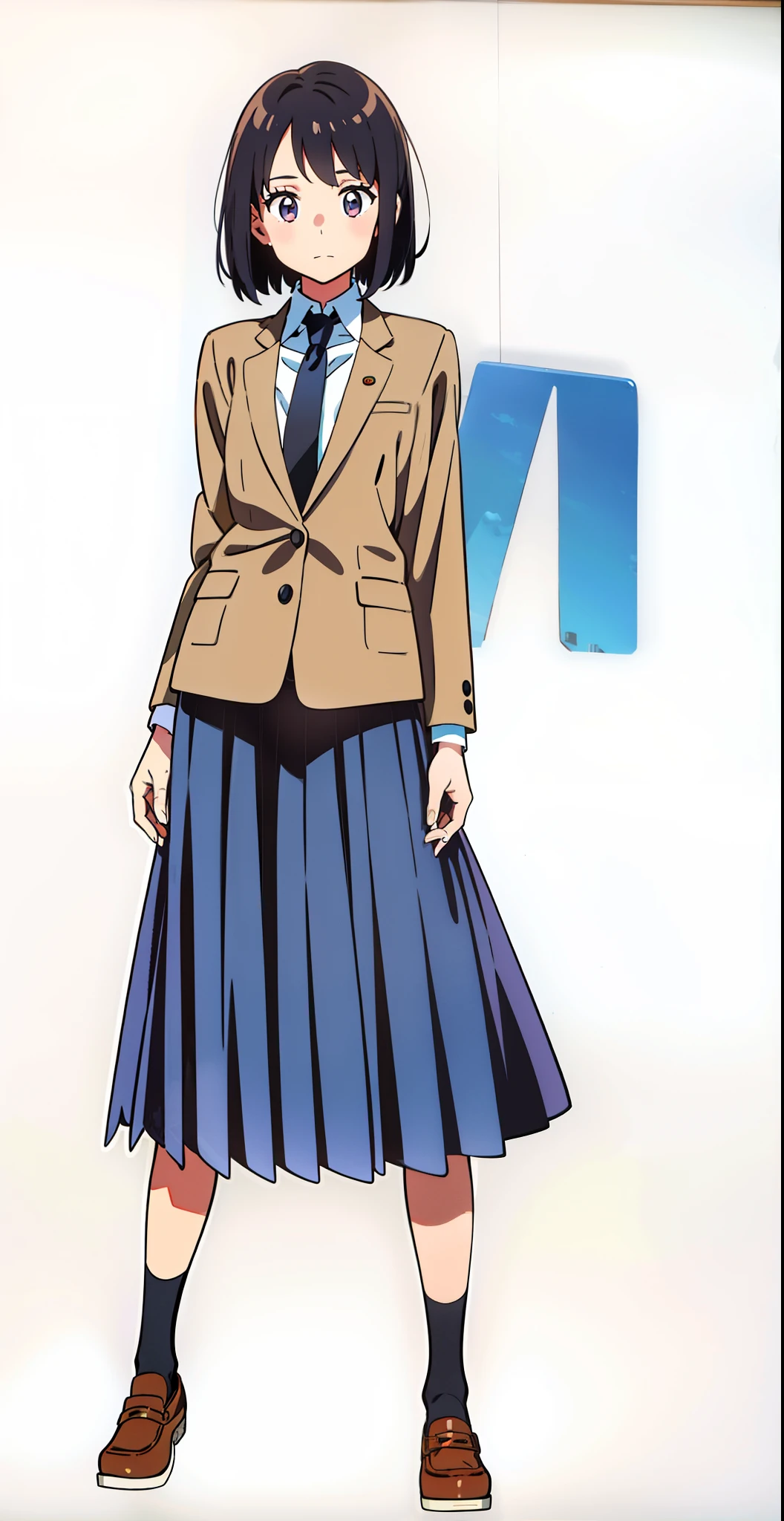 (smaller face:1.1), (tareme:1.0), (ideal ratio body proportions:1.1), (looking at viewer:1.0), (white background:1.0), (best quality:1.0), (masterpiece:1.0), (full body:1.0), (solo:1.0), (a 18yo cute girl:1.0), (long skirt:1.05), (dark blue skirt:1.0), (pleated skirt:1.0), (school uniform beige blazer:1.0), (dark blue necktie:1.0), (black socks:1.0), (loafers:1.0), (lanky:1.1), (tall:1.1), (slender:1.1), (small breasts:1.1), (detailed beautiful eyes:1.0), (detailed beautiful face:1.0), (glowing black eyes:1.0), (bob cut hair:1.0), (black hair:1.0)