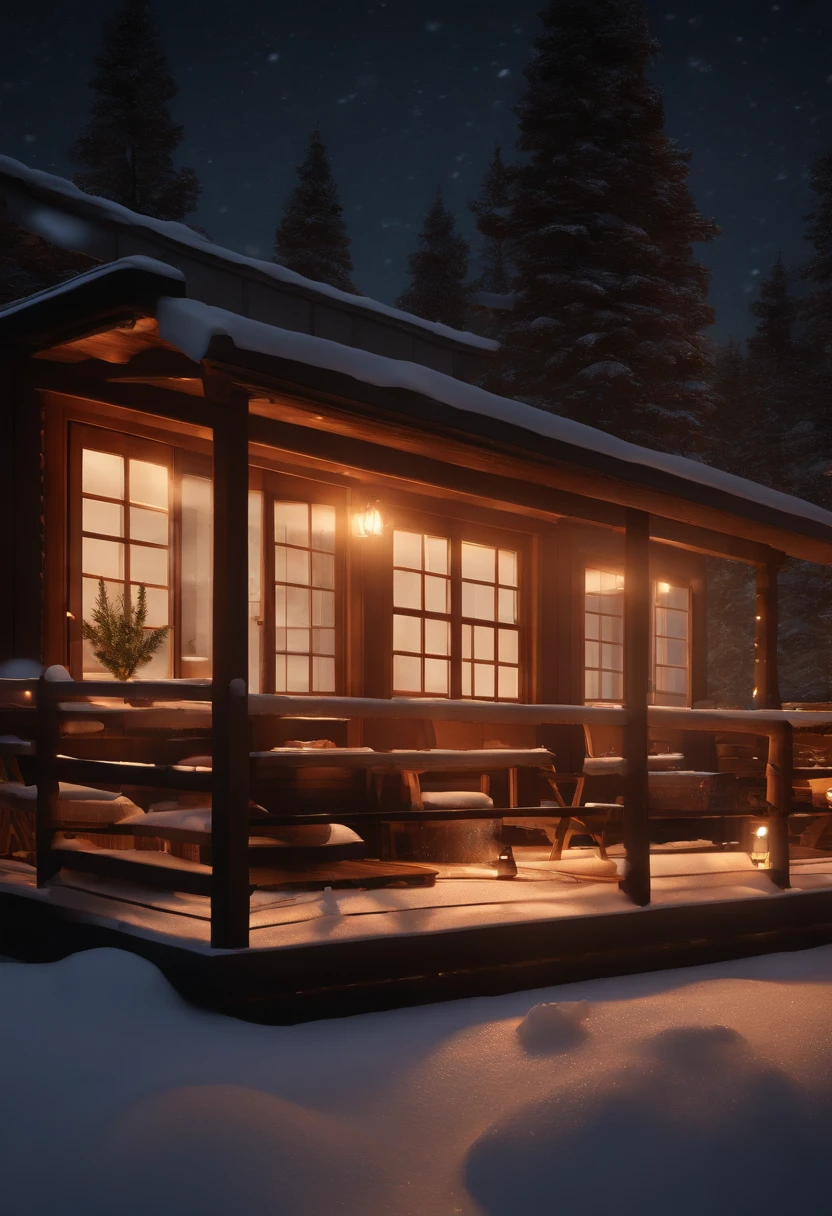 In dynamic stage background,night scene,snow,group f/64,Mickey asai,cabin,Window Glow,ue5,render,c4d,blender style,(Warm:1.5),