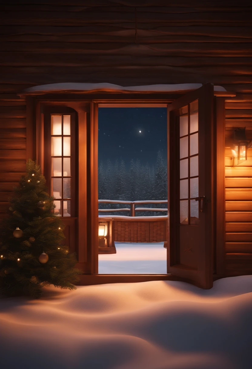 In dynamic stage background,night scene,snow,group f/64,Mickey asai,cabin,Window Glow,ue5,render,c4d,blender style,(Warm:1.5),