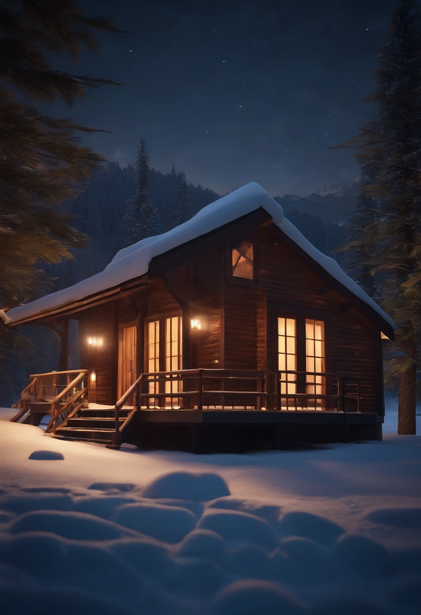 In dynamic stage background,night scene,snow,group f/64,Mickey asai,cabin,Window Glow,ue5,render,c4d,blender style,(Warm:1.5),