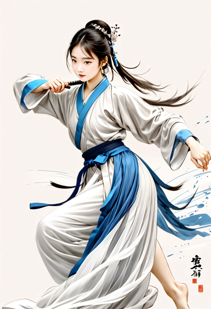 Mono Color，Blue and white colors，1 woman，Ancient martial arts，Fighting posture，Strong dynamics，Ink sketch， Hanfu，Lots of white space， white backgrounid，Traditional Chinese Ink Painting, Traditional Chinese art, author：Guo Xi, author：Ma Yuanyu, Traditional Chinese painting, author：Xu Xi, author：Luo Mu, author：Yang Buzhi, author：Li Kelan, author：Gu An, Ink painting ) ) ) ), Chinese ink painting, Chinese painting style