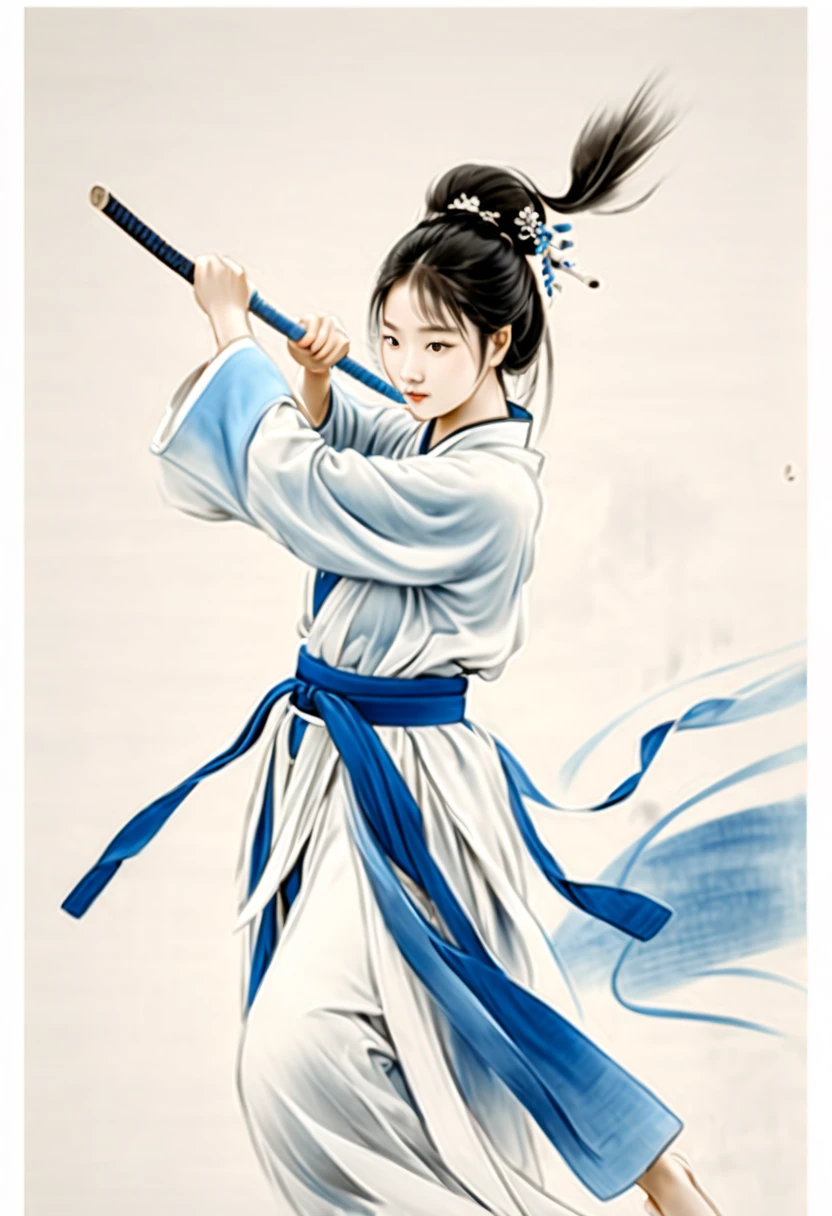 Mono Color,Blue and white colors,1 woman,Ancient martial arts,Fighting posture,Strong dynamics,Ink sketch, Hanfu,Lots of white space, white backgrounid,Traditional Chinese Ink Painting, Traditional Chinese art, author:Guo Xi, author:Ma Yuanyu, Traditional Chinese painting, author:Xu Xi, author:Luo Mu, author:Yang Buzhi, author:Li Kelan, author:Gu An, Ink painting ) ) ) ), Chinese ink painting, Chinese painting style