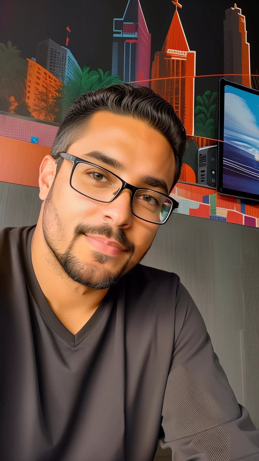 there is a man sitting at a table with a plate of food, Arte em primeiro plano : Eloy Morales, Retrato de Danny Gonzalez, taken in the early 2020s, Arte de Pedro Bell, david rios ferreira, Jeffery Soares, Terence Nielsen, with glasses and goatee, andres rios, inspirado em Francis Souza, Tiro no iPhone 1 3 Pro Max