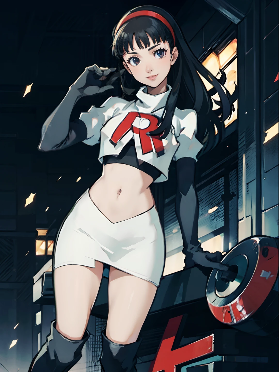 yukiko, team rocket, team rocket uniform, red letter R, white skirt, white crop top, black thigh-high boots, black elbow gloves, evil smile