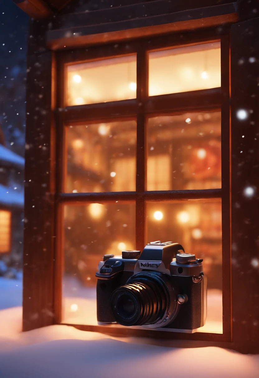 A camera placed in vibrant stage background, night scene, snow, group f/64, Mickey asai, cabin, window Glow, ue5, render, c4d,blender style, (Warm: 1.5)