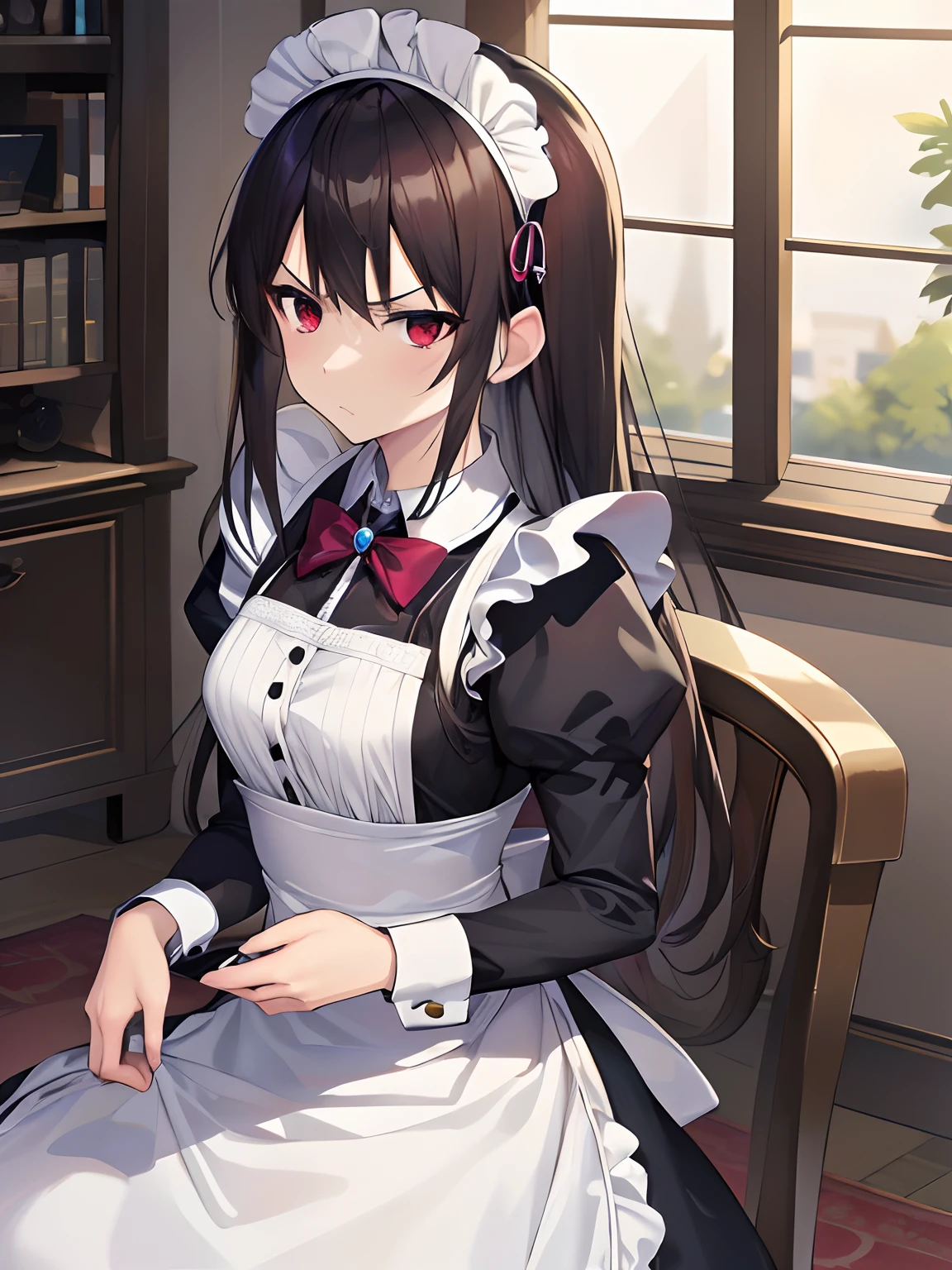 8k, masterpiece, highly detailed, anime style, solo, breathtakingly beautiful 1girl, (maid), bow, (antique brooch), black hair, red eyes, tall, medium breasts, serious expression