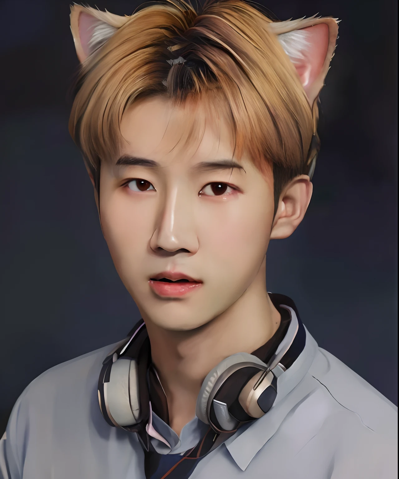 (best quality,highres),cute realistic portrait,Arland person wearing headphones with cat ears, Cai Xukun, Cheng Yanjun, inspired by Cheng Yanjun, Hanliu idol image, inspired by Bian Shoumin, inspired by Li Quanxi, Guweizi style artwork, Kawaii realistic portrait, hyper-realistic style, portraits,colorful color palette,soft lighting, vibrant colors