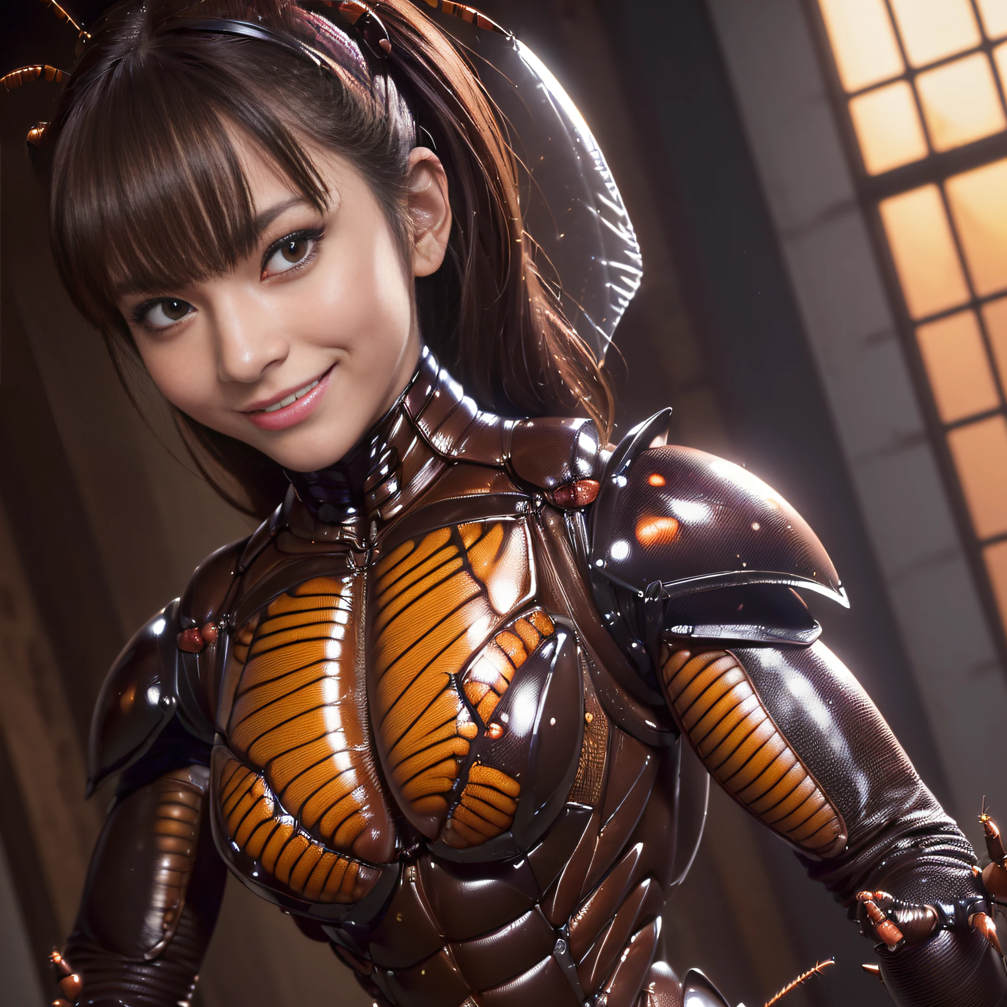 (high resolution,masterpiece,best quality,extremely detailed CG, anime, official art:1.4), realistic, photo, amazing fine details, all intricate, gloss and shiny,awesome many layers, 8k wall paper, 3d, sketch, kawaii, illustration,( solo:1.4), perfect female proportion,villainess, (fusion of dark brown cockroach and lady:1.4), (brown cockroach form lady:1.2), (brown cockroach lady:1.2), (fusion:1.2), (solo:1.4), (evil smile:1.2), muscular, abs, (cockroach brown exoskeleton bio insect suit:1.4), (cockroach brown exoskeleton bio insect armor:1.2), (brown transparency cockroach wing:1.4), (brown cockroach antennae:1.3),