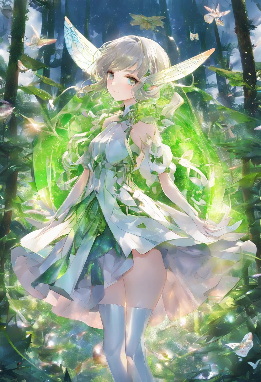 (Masterpiece, Best quality, Ultra-detailed, Best Illustration:1.7), 1 Fairy, The wings of the little fairy,(Slime girl:1.4),(See-through:1.8)afloat,Green wind ,Silk fabric,(refractions,Reflection:1.46) , Transparent skin, sunshine day,ln the forest