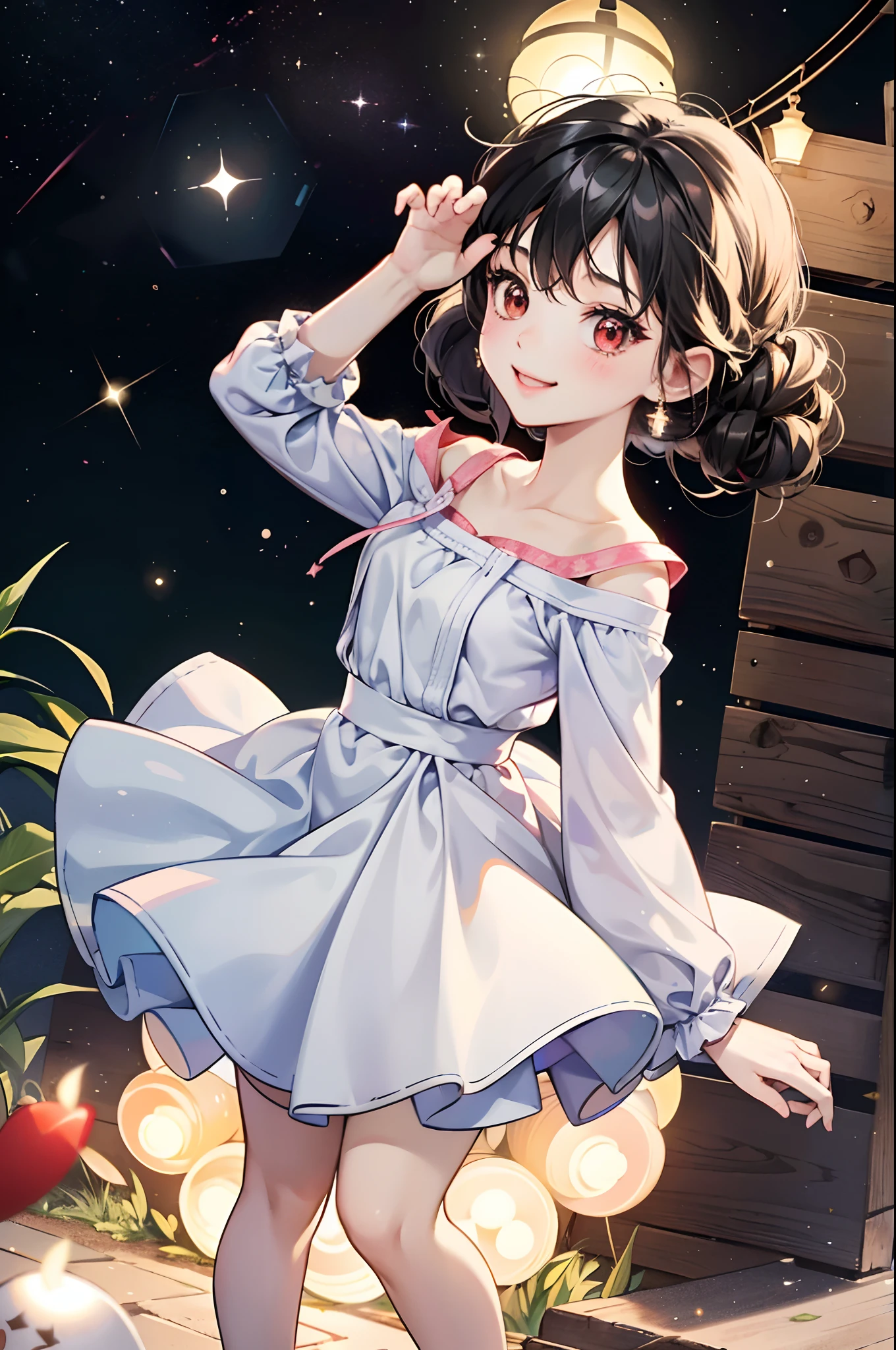 Place one small doll on a circular stand、kawaii pose、A smile、A dark-haired、Chibi Doll、Stars in the eyes(kirakira)、Raise your right hand、Eye Up、Laugh、Cute red shoes、Ultra Detail, radiant light、bio luminescent、Taken from the side、Stronger bokeh effect