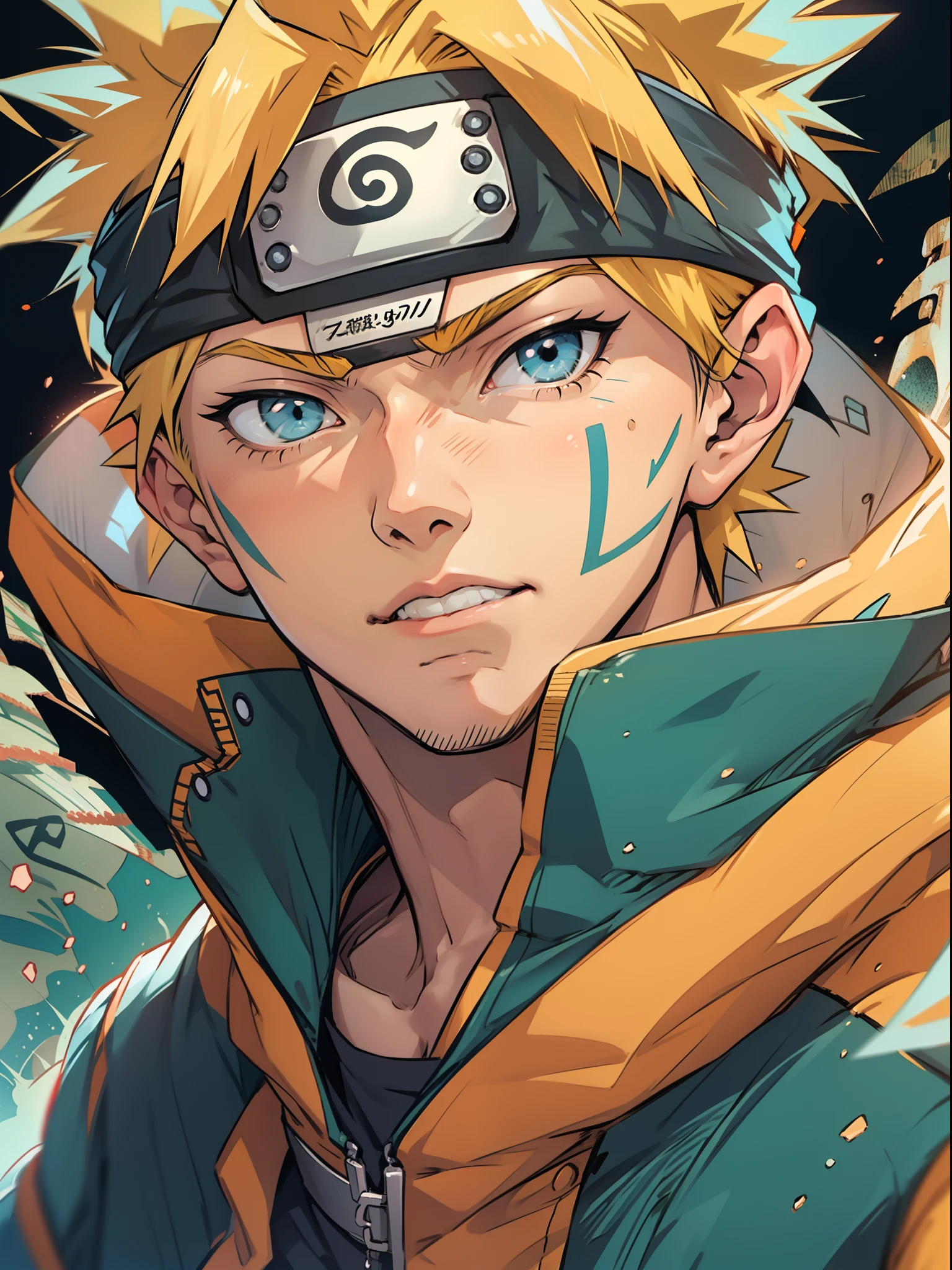 1male, Naruto Uzumaki, yellow short hairs, headband, orange and blue clothes,, anime style, japanese anime style, Kishimoto Japanese, blue eyes, 8K detailed portrait, masterpiece, best quality