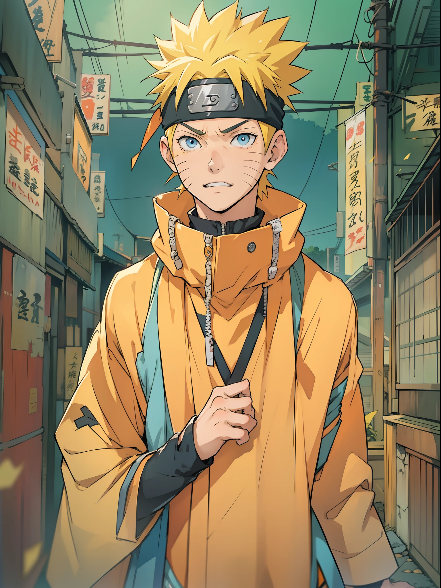 1male, Naruto Uzumaki, yellow short hairs, headband, orange and blue clothes,, anime style, japanese anime style, Kishimoto Japanese, blue eyes, 8K detailed portrait, masterpiece, best quality