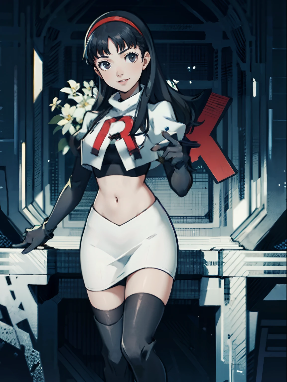 yukiko, team rocket, team rocket uniform, red letter R, white skirt, white crop top, black thigh-high boots, black elbow gloves, evil smile