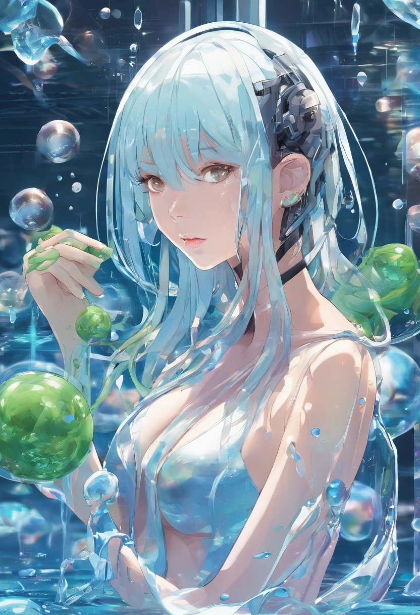 (Masterpiece, Best quality, Ultra-detailed, Best Illustration:1.4), 1girll, (Slime girl:1.4), (Transparent:1.3), (See-through:1.2),Sitting, ，No clothing，(refractions,Reflection:1.4) , transparent face, Transparent body, Transparent skin, sunshine day，water blue，Spring water background