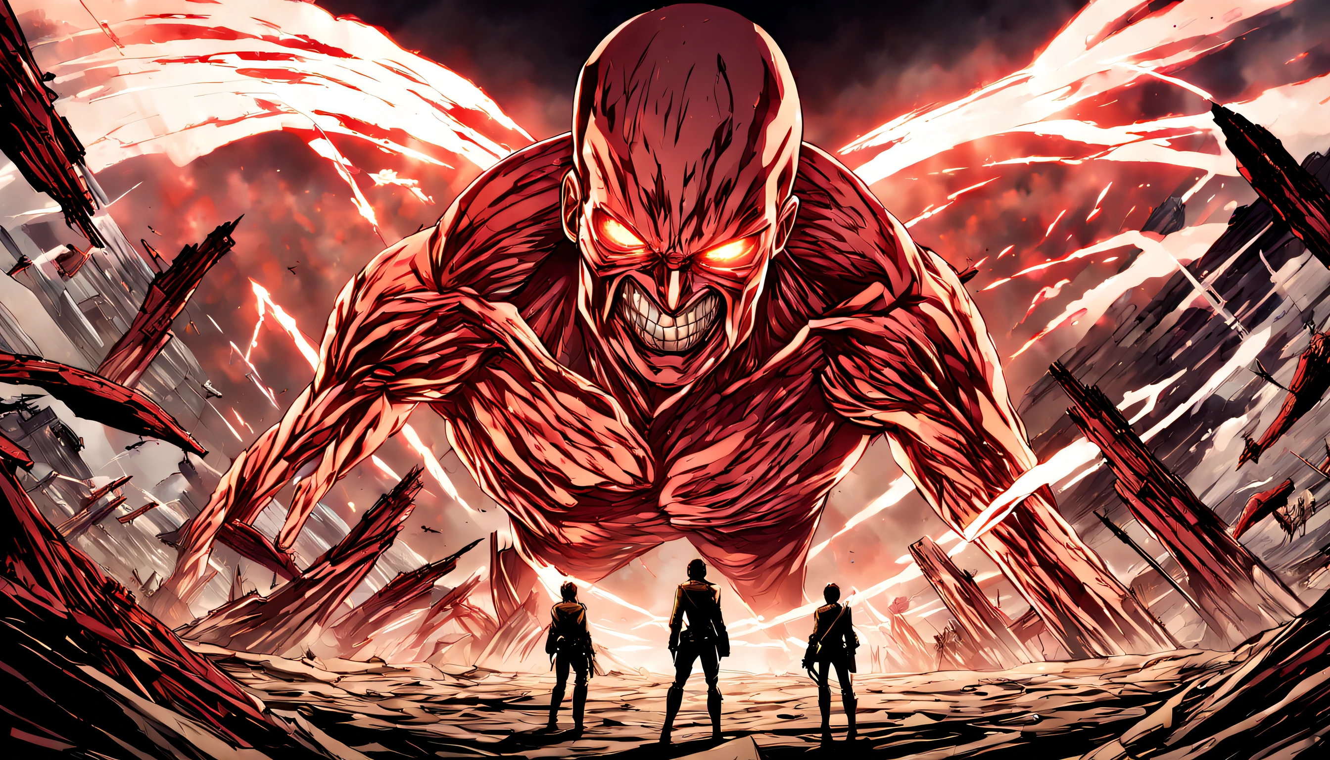 Breathtaking artwork of the Attack on Titan universe, capturing epic battles between humans and Titans, immersive landscapes, and dramatic lighting effects that create an awe-inspiring visual experience.