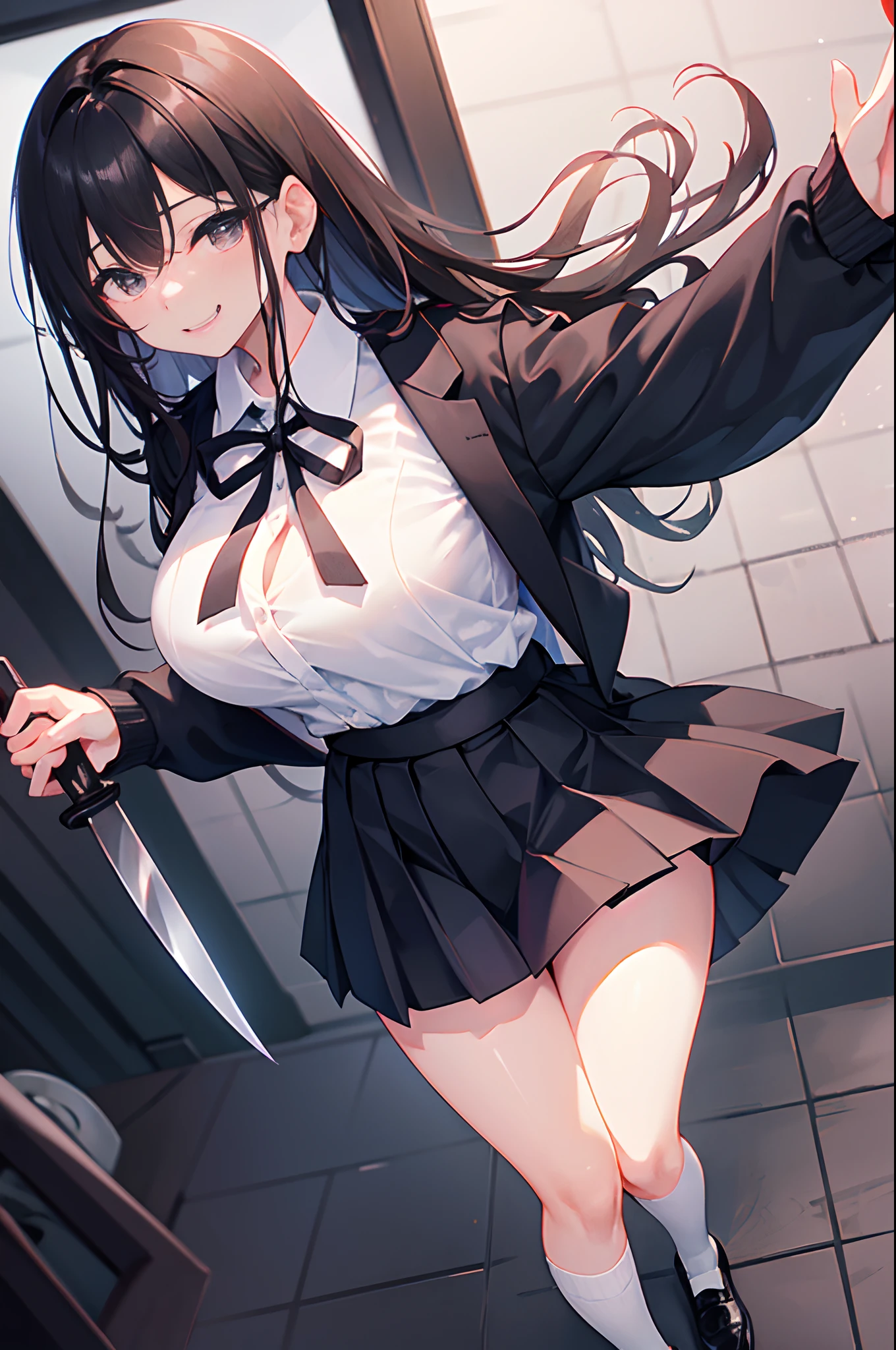 Black school uniform、white  shirt、Straight hair、Dark hair、Black eyes、skirt by the、White socks that reach to the knees、envy、yandere、kitchen knife、Scary smile、The road at night with large breasts、Breasts are not exposed
