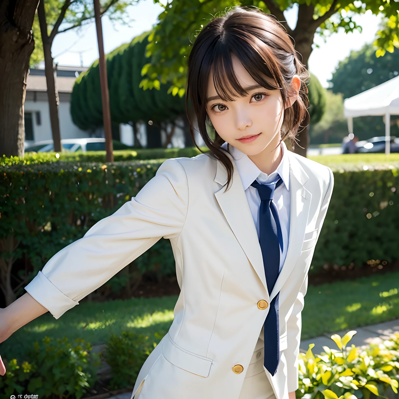 (masutepiece, Best Quality:1.2), 8K, Official art, Full body photo, full body Esbian、Emma fastening her tie.trouser、Cute smile、cute butt、Suits、A dark-haired、ars、small tits、A delightful、A smile、unbelievable Ridiculous, (Upper body, Dark blue suit:Cute Tie 1.4), Beautiful Girl, Pretty Face, arching back down, cute butt、Gold hair ornament on hair、Wearing a cute suit、close up, Wearing a suit, Short sleeve, gardenia, violaceaess, Teen, Street, Looking at Viewer, Film grain, chromatic abberation, Sharp Focus, face lights, Dynamic lighting, Cinematic lighting, Eyes and faces with detailed, Bokeh background, (Tie with Emma written on it、1 copy:1.2)