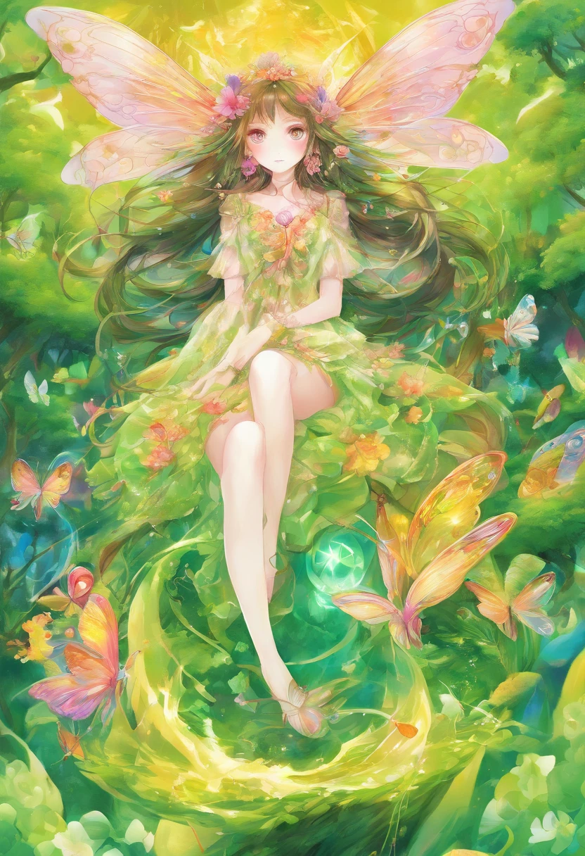 (Masterpiece, Best quality, Ultra-detailed, Best Illustration:1.7), 1  Fairy, The wings of the little fairy，(Slime girl:1.4),(See-through:1.8）afloat,Green wind ，Silk fabric，(refractions,Reflection:1.46) ,  Transparent skin, sunshine day，ln the forest