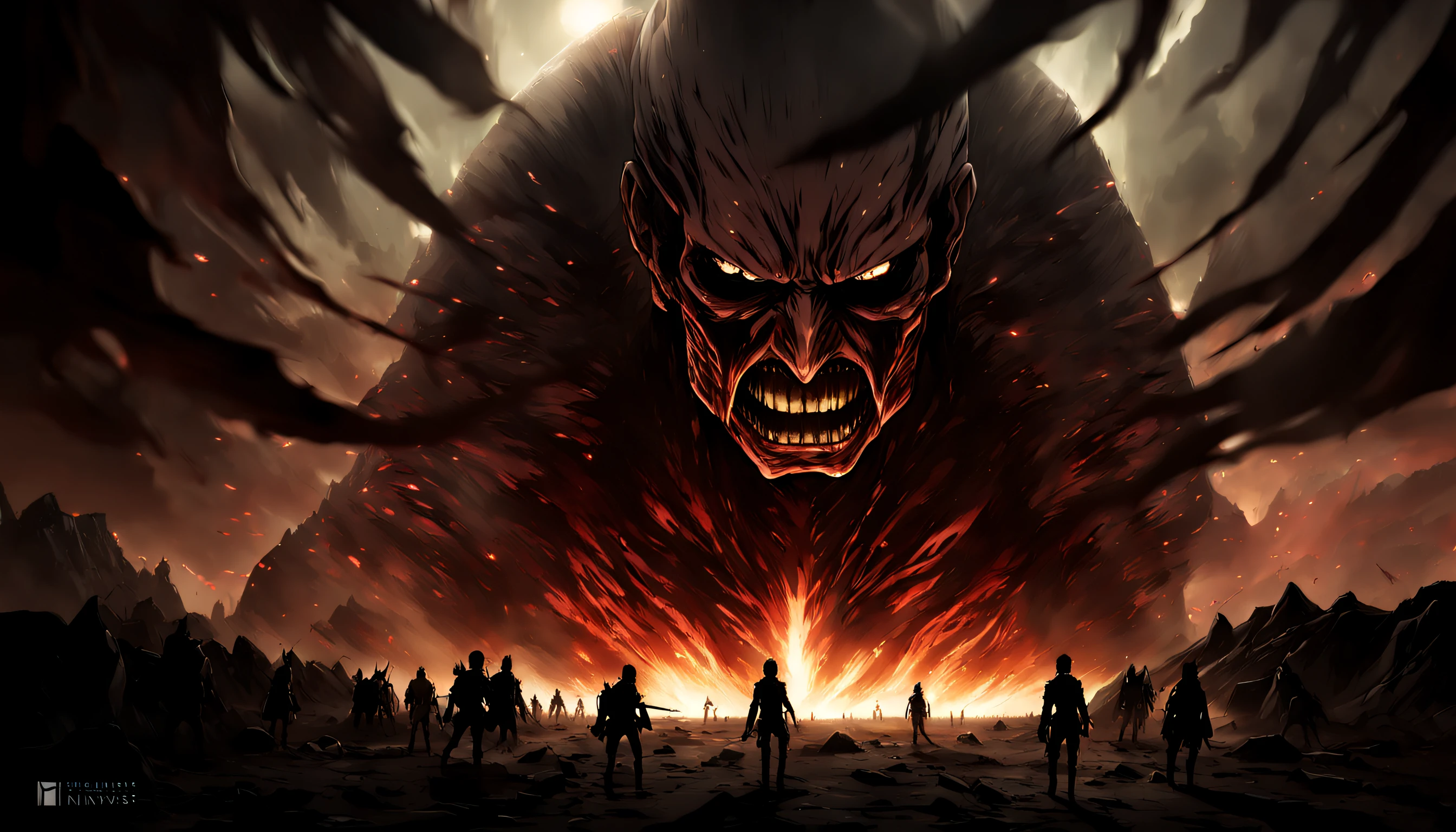 Breathtaking artwork of the Attack on Titan universe, capturing epic battles between humans and Titans, immersive landscapes, and dramatic lighting effects that create an awe-inspiring visual experience.