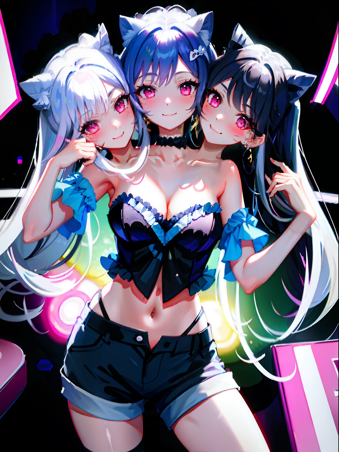 (masterpiece, best quality), best resolution, (3heads:1.5), 1girl, keqing character, catgirl, black hair, cat ears, pink eyes, smiling, giggling, friendly, inviting, white tube top, blue short pants, nightclub, dance floor