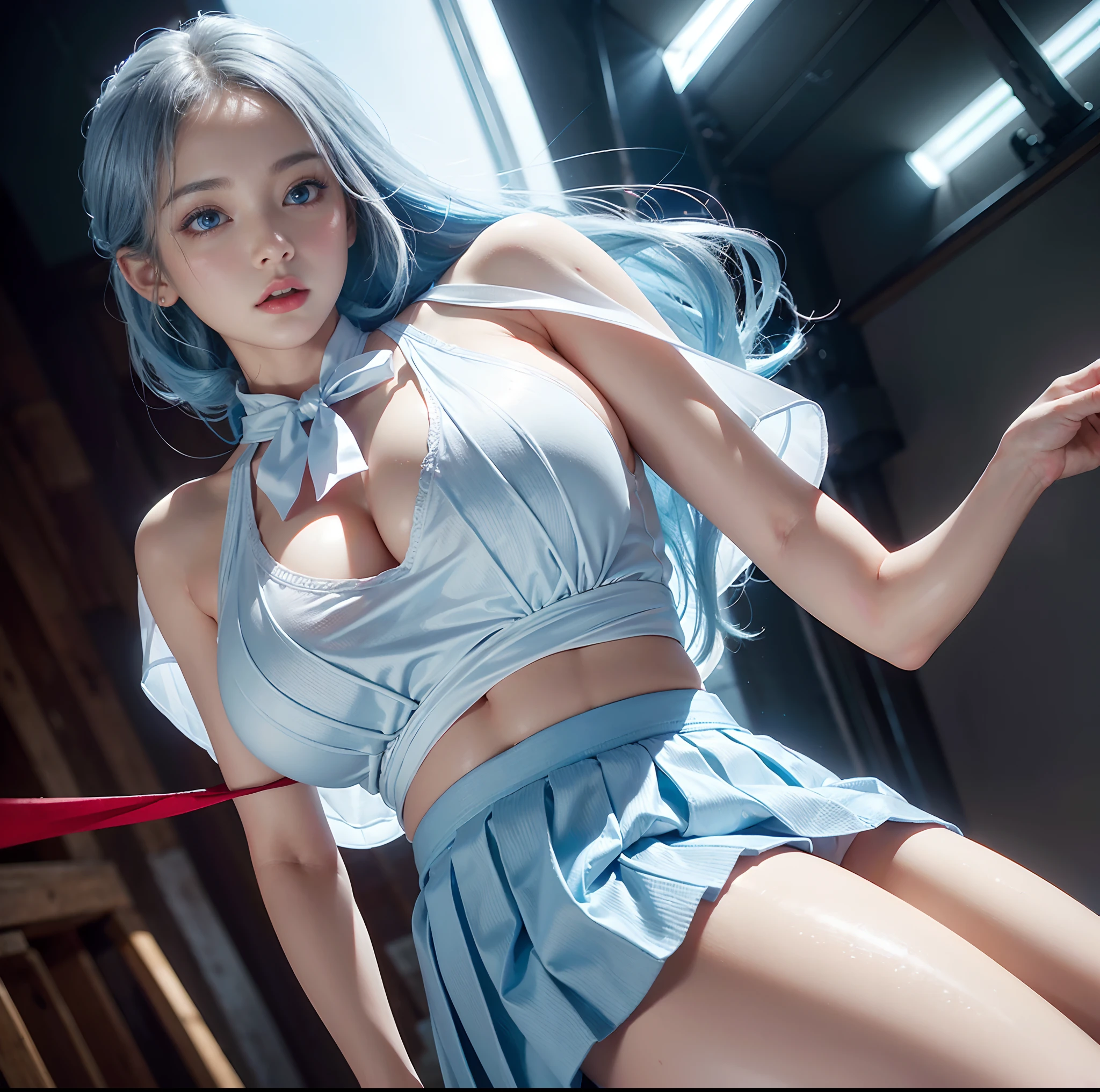 (top-quality, 4K picture quality, masterpiece, Professional lighting without shadows, A hyper-realistic), perfect anatomia, Two girls, ( with perfect body、Colossal breasts with tension:1.2), Bright and even whitening skin without wrinkles and steps, (Reflects a lot of light with bright and beautiful blue eyes with long eyelashes and plump red tear bags:1.2)、 Cute hairstyles, (Clothes get wet and stick to the skin, A tight-fitting blouse made of white ultra-thin fabric covers the upper body and is dressed up with a super short ultra-mini pleated skirt:1.2), (The skirt is too short to be useful:1.4), (She proudly shows off her huge breasts and crimson ribbon tie from the front), (Another girl on the other side、- She is showing off her bare buttocks from directly behind), (sleepy half-eyes),