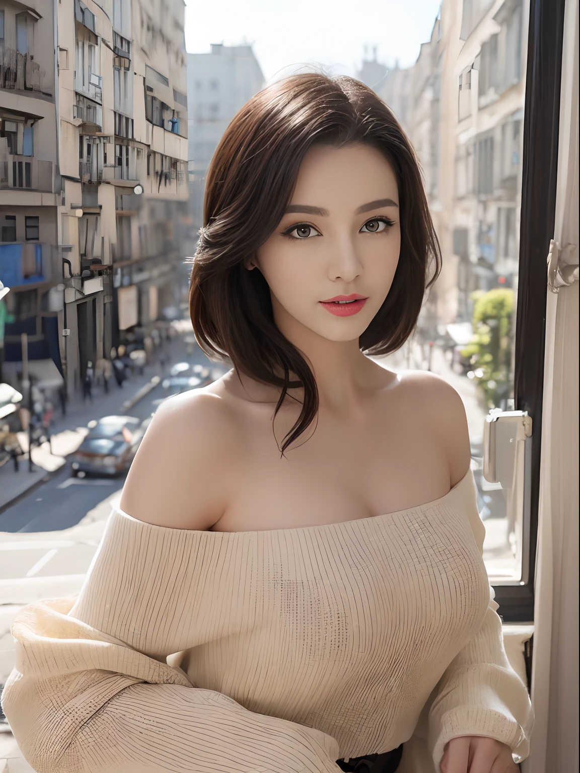 ((top-quality、8K、​masterpiece:1.3))、Very delicate and beautiful exotic girl，realisticlying，Incredibly absurd，abstract  art，From waist to shoulders，catch，extra detailed body，Short Black Hong Kong Style Hair，，Floating hair，light brown hair，Vitone Hair，beautiful fine hair，Exquisite and beautiful face，浅笑，Clear eyes， Black colored eyes，Neck_bow ribbon，frilld_Dress，beautiful and clear background，Beautiful sky，full bloom，very precise details，absurderes，extremely CG，((A sexy mature girl:1.5))、Thick lip、Crimson Lip Gloss、eye make up、((40 years:1.5))、Sweaters、Parisian café scene、Sunset sky seen from the window