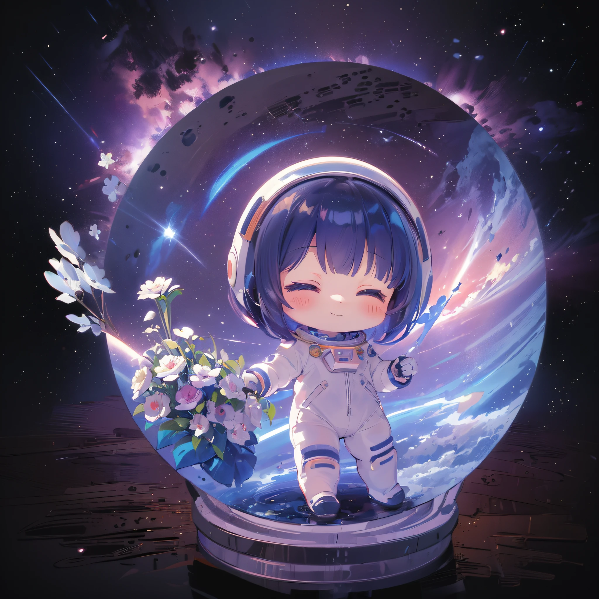 (((masterpiece))), best quality, extremely detailed, anime, (spacesuit:1.2), (spacesuit helmet:1.2), (spacewalk:1.2), (hold a bouquet:1.2), closed eyes, (((a girl))), (((solo))), happy, full body, (((deformed))), (((chibi character))),  (space background), (milkyway)