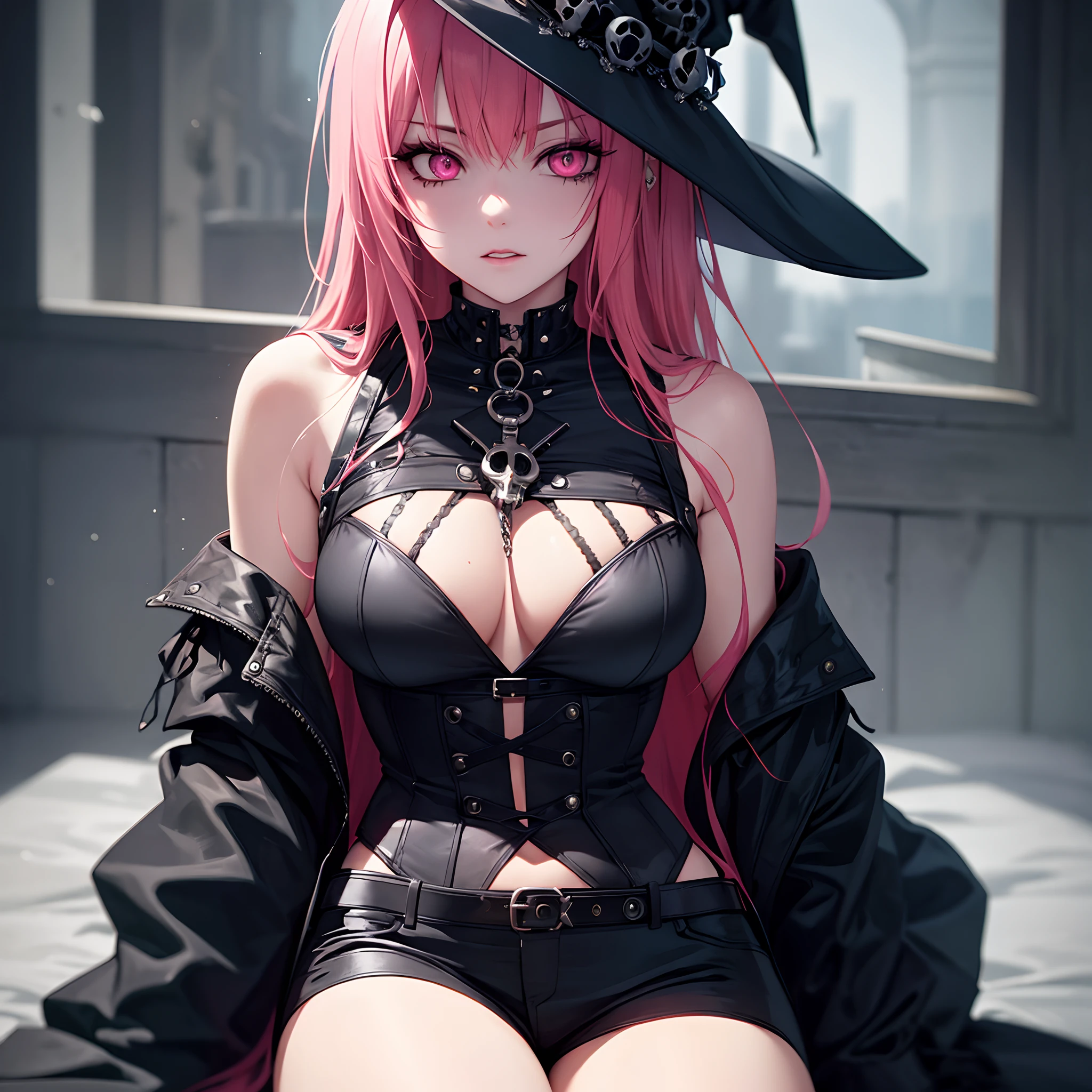 Close-up of a woman in a black shirt and black shorts, goth aesthetic, gothic horror vibes, goth girl aesthetic, Scary style, Clothes in the style of gothic-punk, Pastel Gothic aesthetics, Dressed in crastpunk clothes, Gothic atmosphere, dark and horror style, Witch's clothes, Chained skeleton, ghotic style, adorned with demon skulls, Punk outfit, stocklings, pink long hair,pink fox ears,pink eyes,higly detailed,high detailed eyes,Correct anatomy,The best picture quality