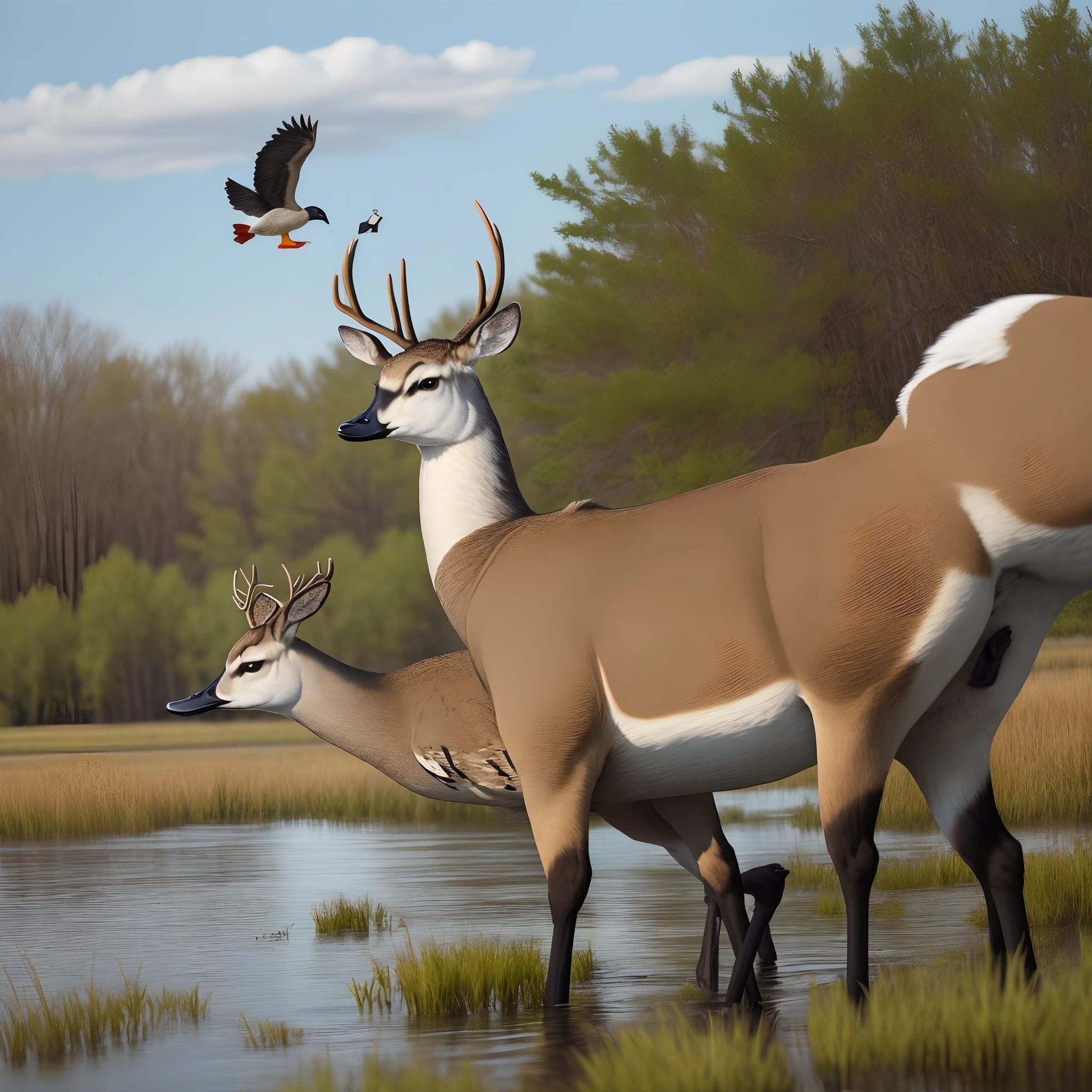 create a logo for a business. it is a hunting guide company called Rudy’s Ruttin Ranch. include a whitetail buck standing in a marsh and a mallard duck flying out.