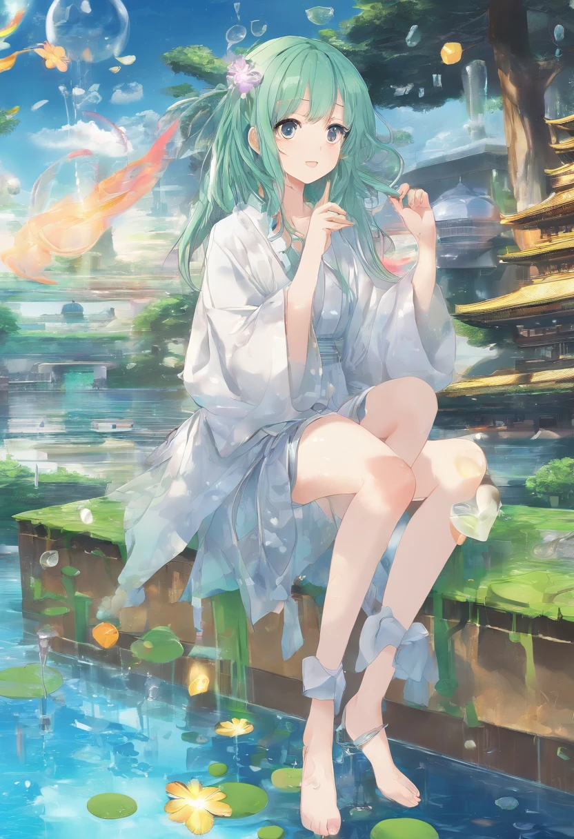 (Masterpiece, Best quality, Ultra-detailed, Best Illustration:1.4), 1girll, (Slime girl:1.4), (Transparent:1.3), (See-through:1.2),Sitting, ,No clothing,(refractions,Reflection:1.4) , transparent face, Transparent body, Transparent skin, sunshine day,water blue,Spring water background