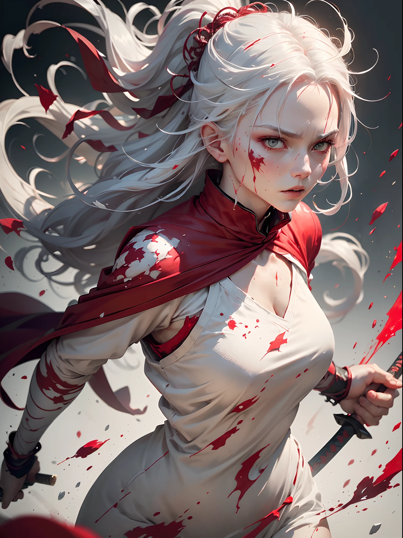 (Best quality,A high resolution,Realistic:1.37), Red clothing, White hair, White-haired witch, wounded,There are stab wounds on the face,(Katana in hand), serene, Beautiful, ((Expressive movements)),Splashes of red paint
