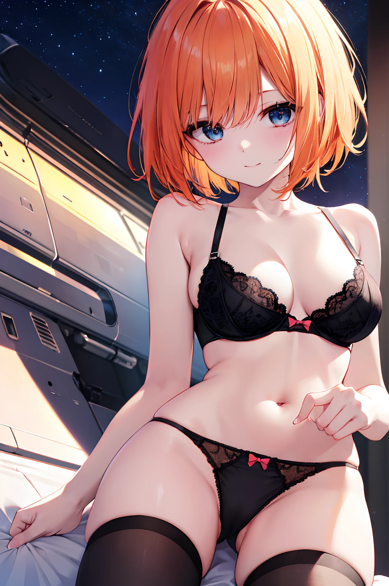 (masuter piece)、(masutepiece)、(hiquality)、(hightquality)、absurderes、Hi-Res、4K、8K、Reflecting the whole body、short cut hair、Orange hair color、bow ribbon、Beautiful eyes、A smile、Black underwear、Micro underwear、String bra、String panties、(nudde)、kawaii、((Lift-off))、Exposed skin、Skin showing