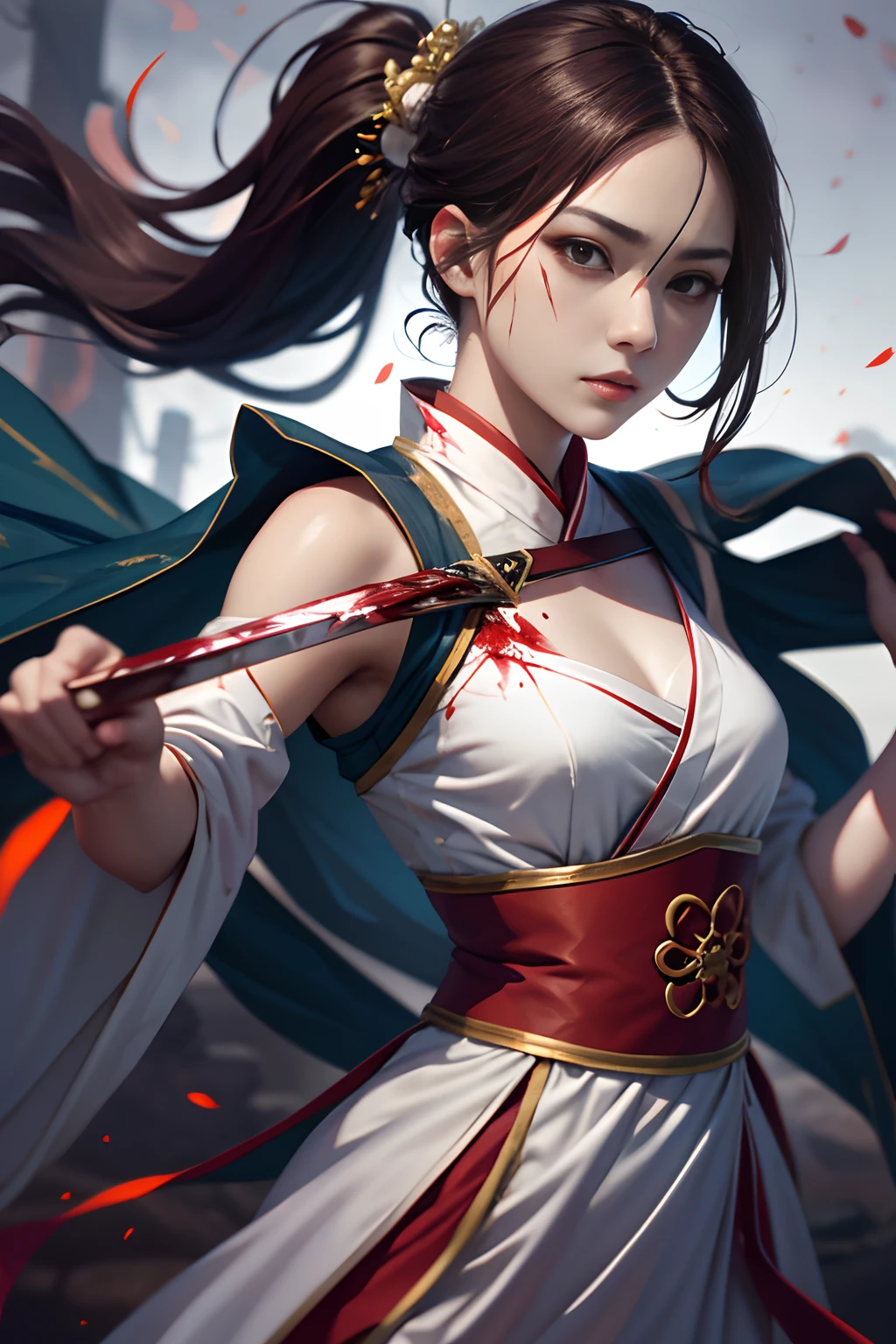 best qualtiy，tmasterpiece，超高分辨率，（realisticlying：1.5）1womanl、full bodyesbian，The sword，long whitr hair，brunette color hair，pony tails，white backgrounid，独奏，blood，Night jungle，Blood on weapons，looking at viewert，Broken cloth，Floating hairs all over the body，perfect litthing，perfect shadow，dynamicposes，cinematic ligh，（Hanfu：1.2），Splash background