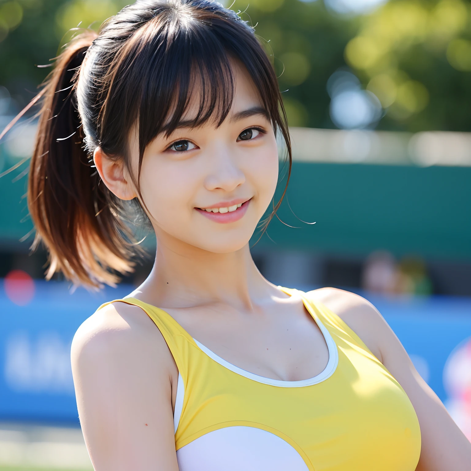 masterpiece、超High resolution、well done!、She has a very pretty face and a youthful figure like an idol..々A 17-year-old Japanese girl with unique features、Gentle and cute、A kind smile、She is cheering at the soccer stadium　Cheerleading Team、Cheerleader uniforms are bikini style and expose cleavage.、Medium bust、whole body、RAW Photos、Genuine、High resolution、Life、No copyright notice