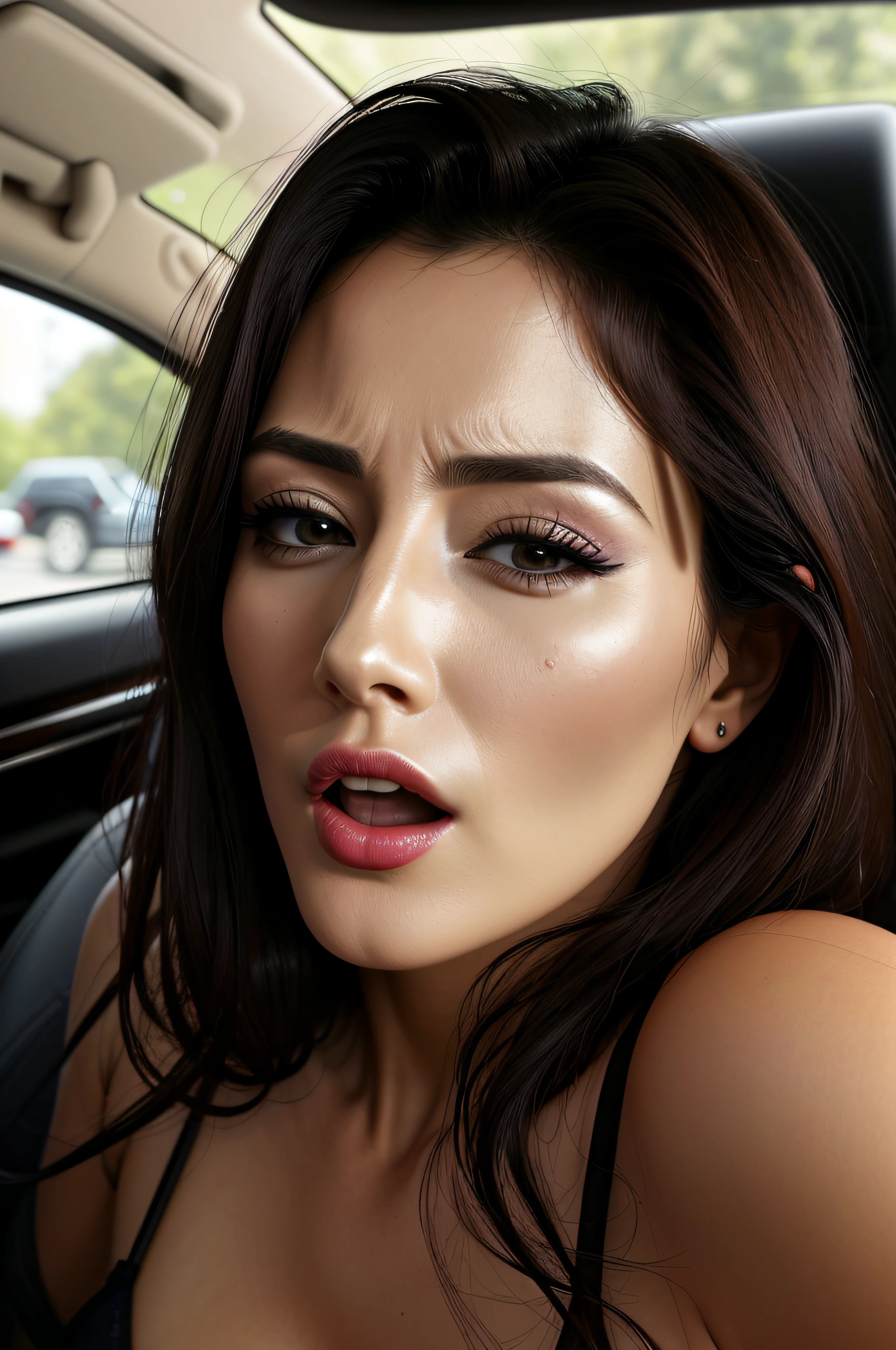 masutepiece,,award - winning photo, Extremely detailed, edgOrgasm,Face Focus, Face Close-up、Woman with mouth open and eyes closed , Woman with Edge _Face、30-years old、A dark-haired、CNN News Anchor、Glossy skin、In the car、Black lingerie、Colossal tits、messy bun