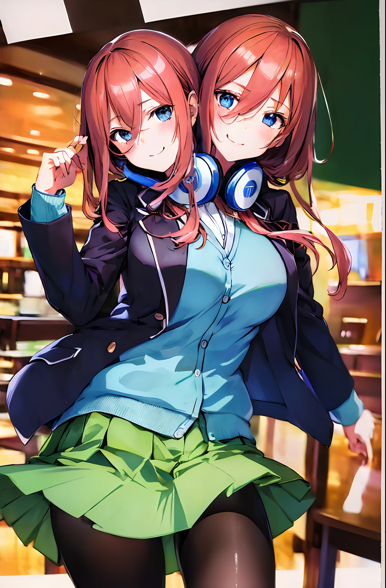 (masterpiece, best quality, ultra-detailed, illustration), (2heads:1.5), 1girl, nakano miku character, nm1, headphones around neck, school uniform, long sleeves, blue cardigan, green skirt, pantyhose, black jacket, open jacket, cowboy shot, standing,