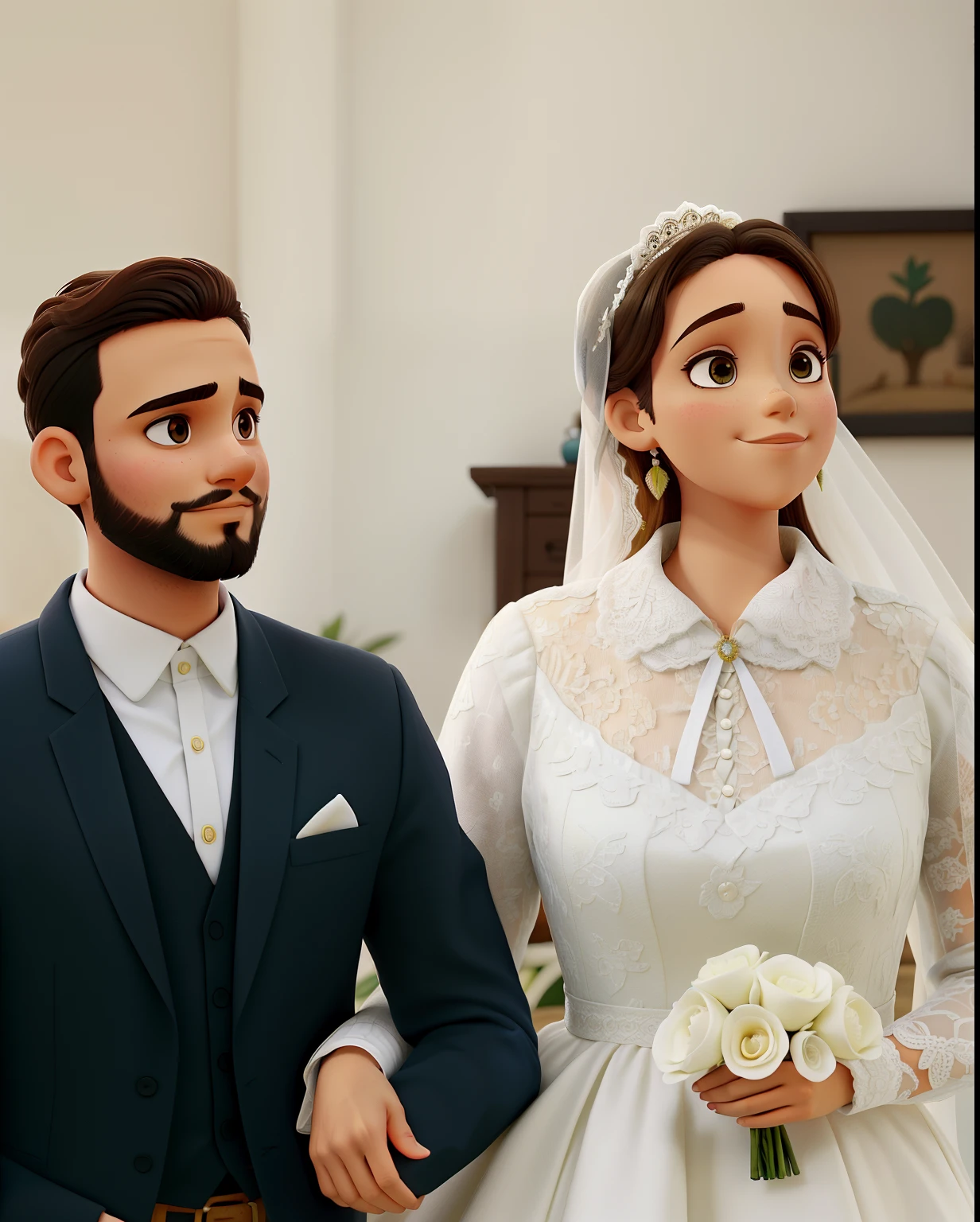 Jovem casal com olhar apaixonado. O jovem tem uma barba fina em todo o rosto e a tem cabelos loiros. The two are dressed as bride and groom