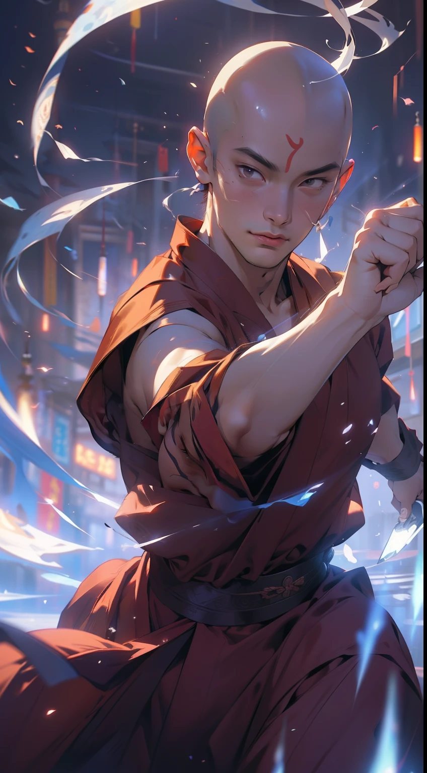 A handsome Shaolin monk、(((1 juvenile,bald-headed,buddhist monk,full bodyesbian,tear-mole:)))full bodyesbian,Sharp eyes,Clear facial features,wearing a hanfu,Fighting,The body is surrounded by purple mist,Runes surround you,martial arts action,Holographic reality,holographic halo,dynamic blur,Game lighting effects,rim-light,Soft light,cinematic rim light,The light is delicate