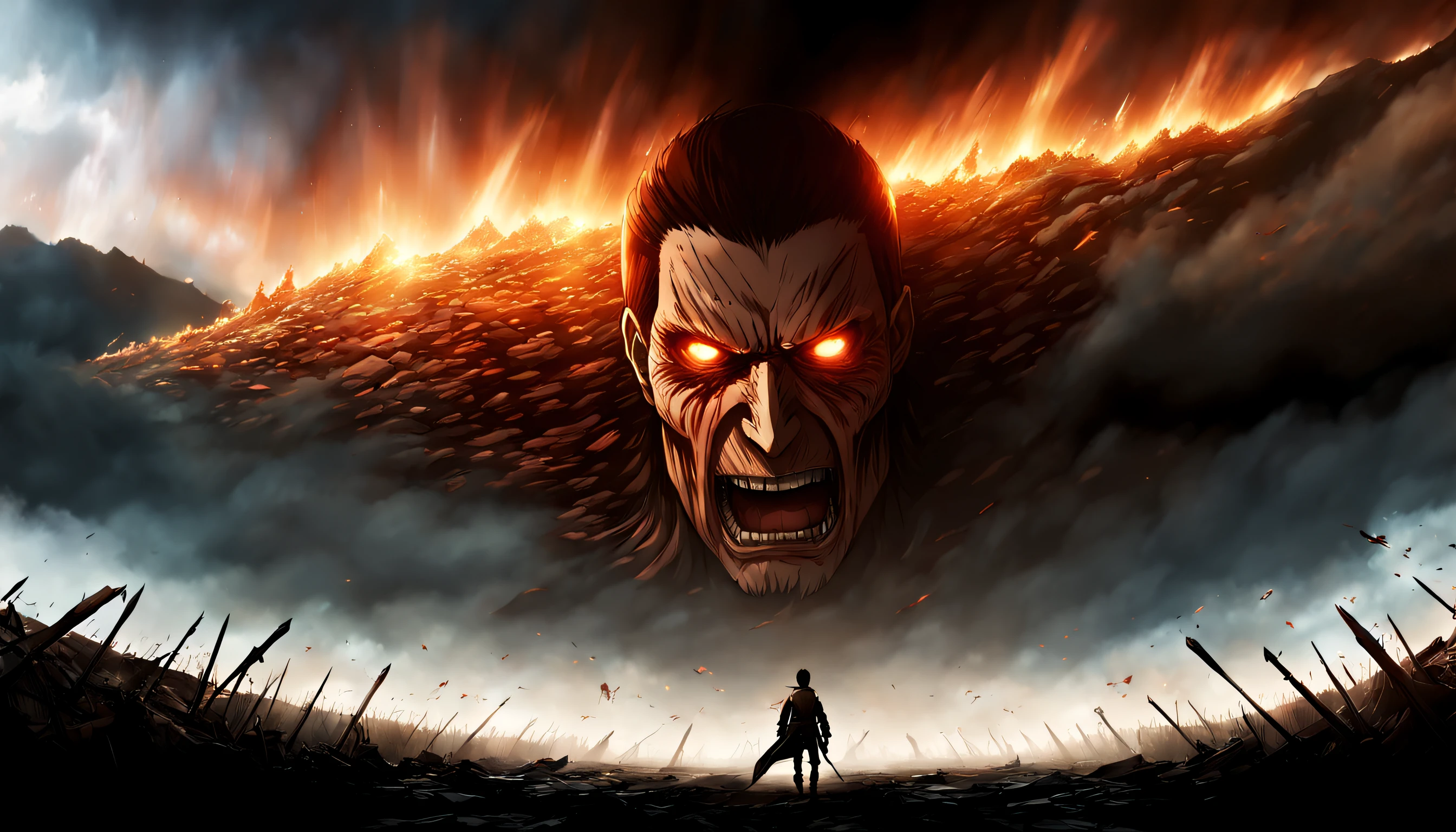 Breathtaking artwork of the Attack on Titan universe, capturing epic battles between humans and Titans, immersive landscapes, and dramatic lighting effects that create an awe-inspiring visual experience.