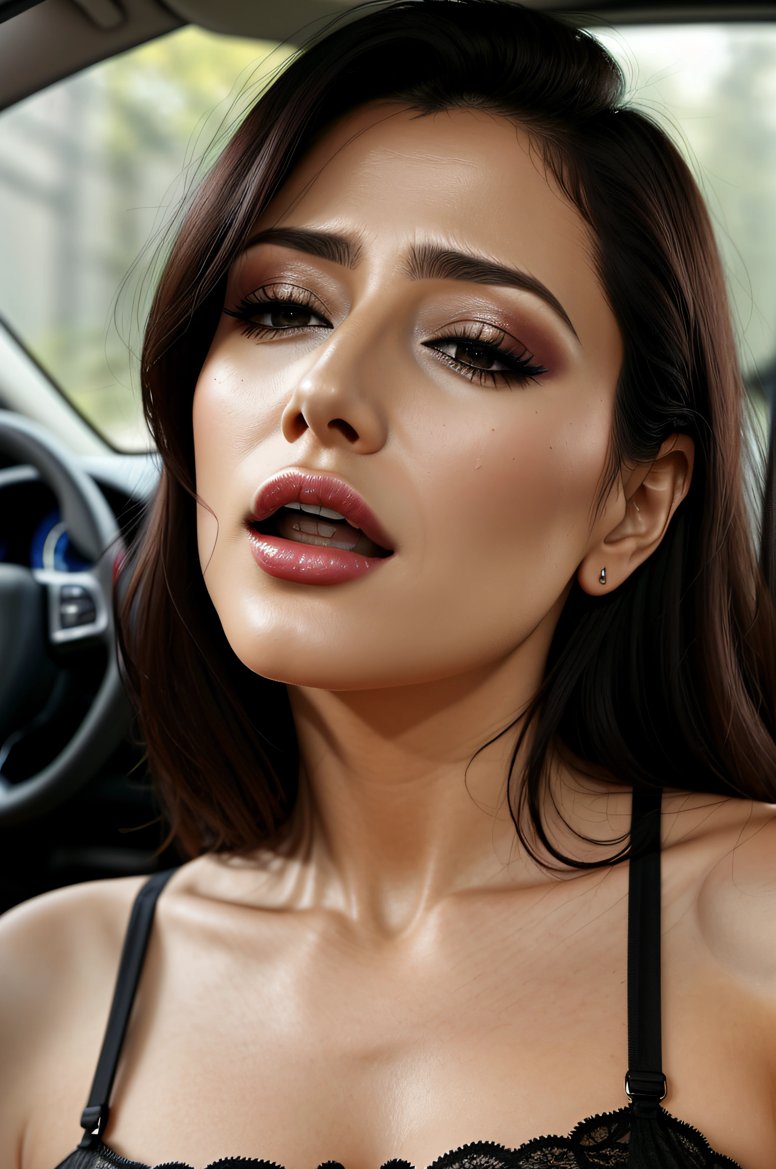 masutepiece,,award - winning photo, Extremely detailed, edgOrgasm,Face Focus, Face Close-up、Woman with mouth open and eyes closed , Woman with Edge _Face、30-years old、A dark-haired、CNN News Anchor、Glossy skin、In the car、Black lingerie、Colossal tits、messy bun