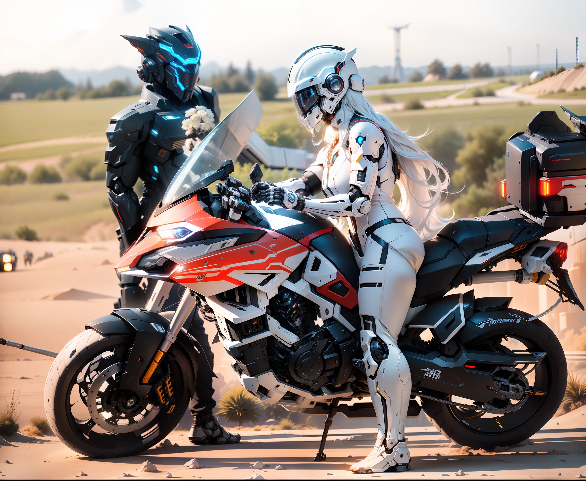 Handsome full body black mecha white short hair cyber handsome warrior, black cyber mechanical motorcycle, high-tech black full surround helmet, white short hair, Nousr, biomechanics, MSHN robot man, high-tech helmet, surreal, steel, complex design, crazy details, fine details, extremely clear lines, cinematic lighting, photo realism, detailed masterpiece