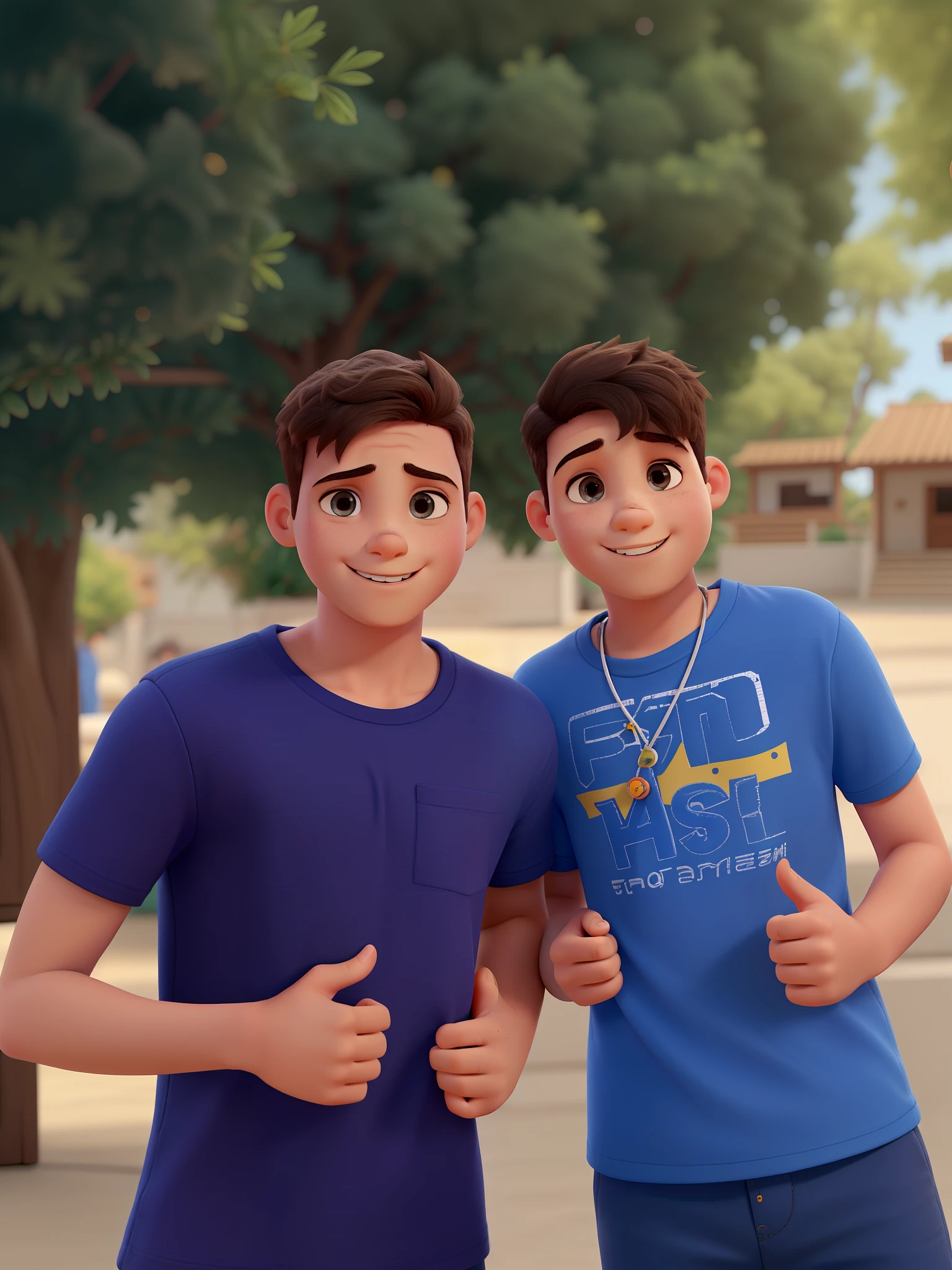 A imagem em formato 3d Pixar mostra dois pequenos jovens posando juntos para uma foto. They're facing the camera, with their faces clearly visible. Both boys have dark eyes, com o menino de destaque possuindo olhos mais escuros. The prominent boy's mouth is slightly open, enquanto o outro menino tem a boca fechada. Boys have medium-sized ears, positioned on top of the head. Ambos os meninos possuem sobrancelhas espessas e bem definidas. The boys' hair is dark, com o menino de destaque tendo cabelos mais longos e ondulados. They're wearing t-shirts, como o menino de destaque usando uma camiseta azul e o outro menino usando uma camiseta roxa. None of the boys are wearing accessories visible in the image.