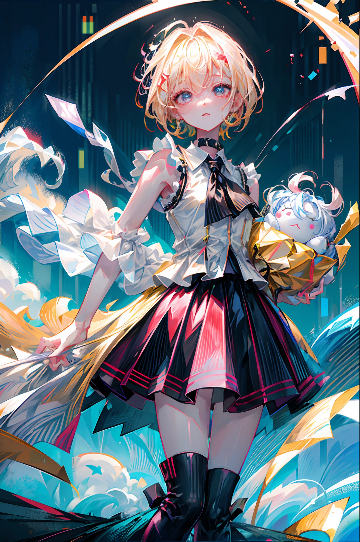 colourfull、the met、top-quality、超A high resolution、(Photorealsitic:1.4)、Female 1 Person、Sleeveless white buttoned shirt、Black skirt、Black choker、cute little、(Kpop Idle)、(attractiveness:1)、(Platinum Blonde Hair:1)、((Puffy eyes))、Look at the viewer、full bodyesbian、Facing the front