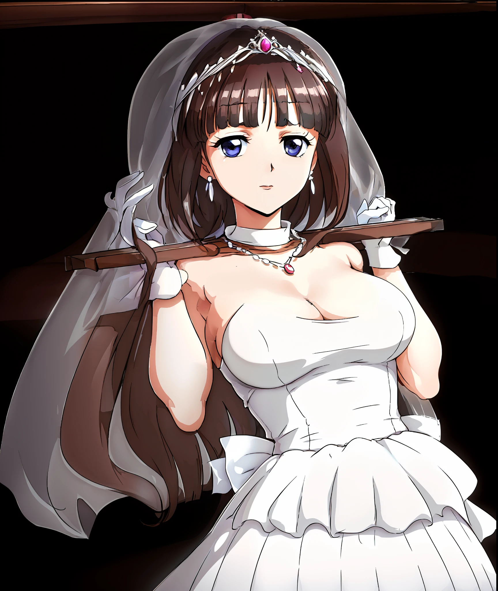 hair scrunchie,Low ponytail, 
Long hair,bangs, Black hair, Blunt bangs,Big blue eyes,
1 girl, 18yr old,Close-up of a beautiful bride in a beautiful wedding dress, Gurvetz,（pillory：1.5）, （Flail：1.2）,  Flail on the head, Flail on the hands,(Bridal veil: 1.5), (Short transparent veil: 1.5), Flushed face, Head flower, head gear, Very detailed princess wedding dress,(Tubular wedding dress: 1.5), (Silk dress: 1.2 ), (Strapless wedding dress: 1.5), （and floor-length skirts：1.2）, Pure white dress,a white long skirt, necklace, Earrings, (Huge breasts: 1.3), Deep V heart collar wedding dress, bangs, lipstick, (Lace gloves: 1.3),  High detail RAW color art,