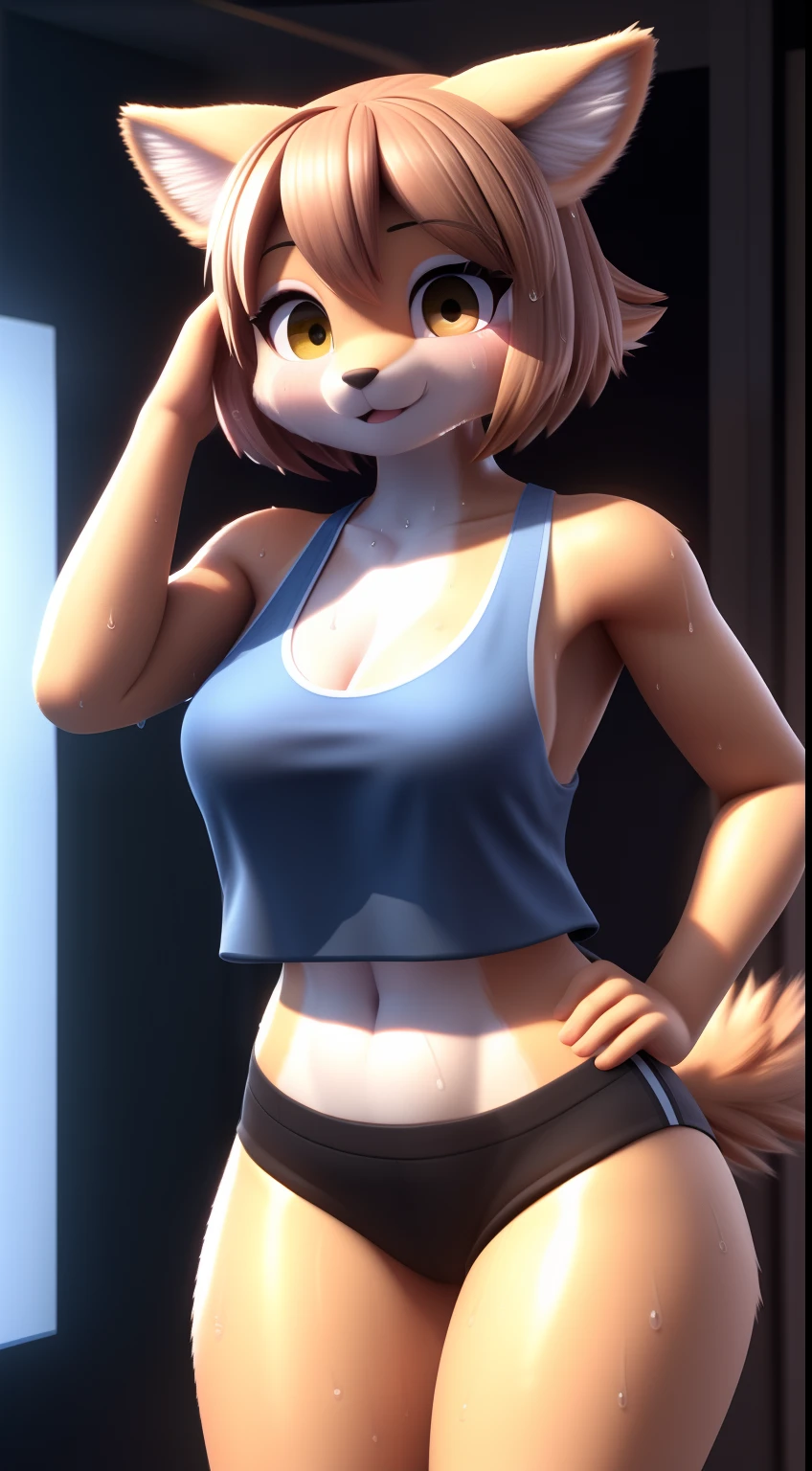 【Upper body is naked】, (with exposure), very cute, woman in tank top, animated image of woman, sweat, cute sexirobat, [4K digital art]!, 3DCG, High resolution commission, Giant test art, Detailed, Furry, Anthro female