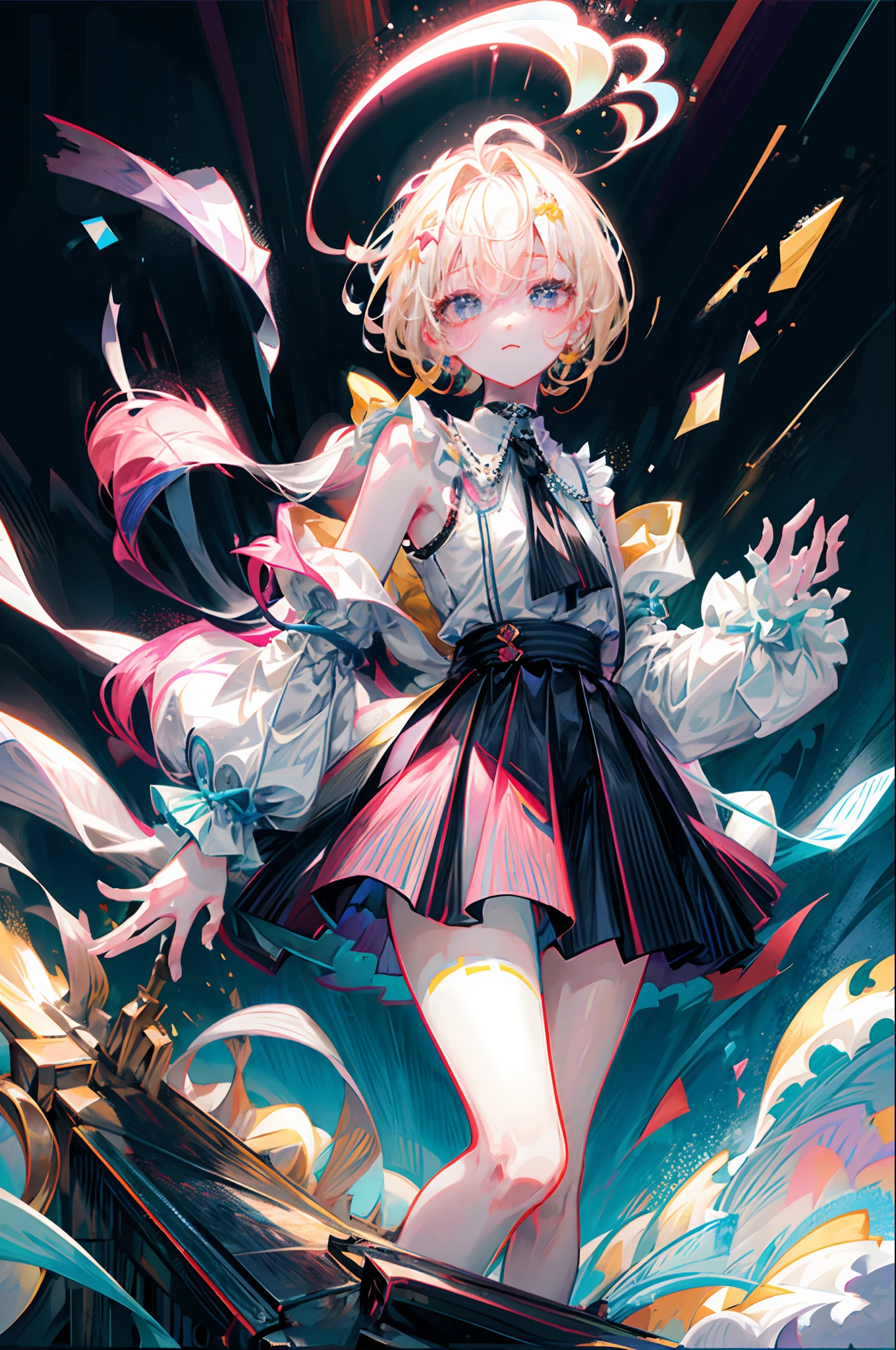 colourfull、the met、top-quality、超A high resolution、(Photorealsitic:1.4)、Female 1 Person、Sleeveless white buttoned shirt、Black skirt、Black choker、cute little、(Kpop Idle)、(attractiveness:1)、(Platinum Blonde Hair:1)、((Puffy eyes))、Look at the viewer、full bodyesbian、Facing the front