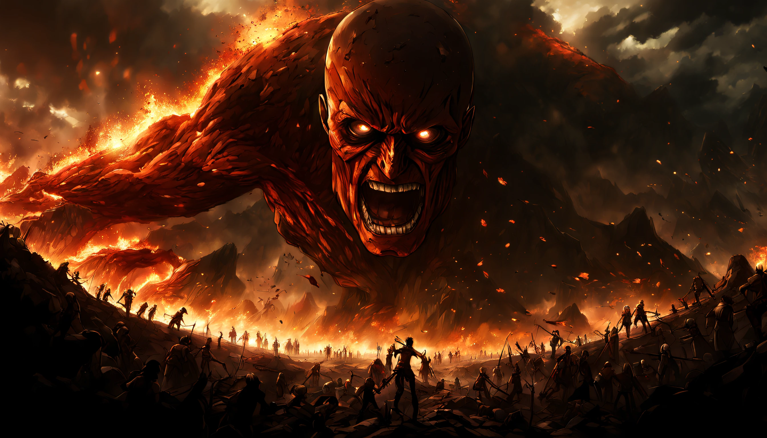 Breathtaking artwork of the Attack on Titan universe, capturing epic battles between humans and Titans, immersive landscapes, and dramatic lighting effects that create an awe-inspiring visual experience.