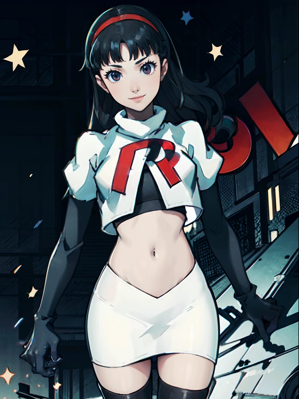 micaiah fe, short bob hair, black hair, blue eyes, fair skin, small breasts, glossy lips ,team rocket uniform, red letter R, white skirt, white crop top, black thigh-high boots, black elbow gloves, serious face, naked sex, sex view, lots of cum on sex, (( 1man behind, vaginal penetration)), full body, night sky background (very sexy body, detailed face, masterpiece, highly detailed, 8k, best quality, vibrant colors, digital art, concept art).